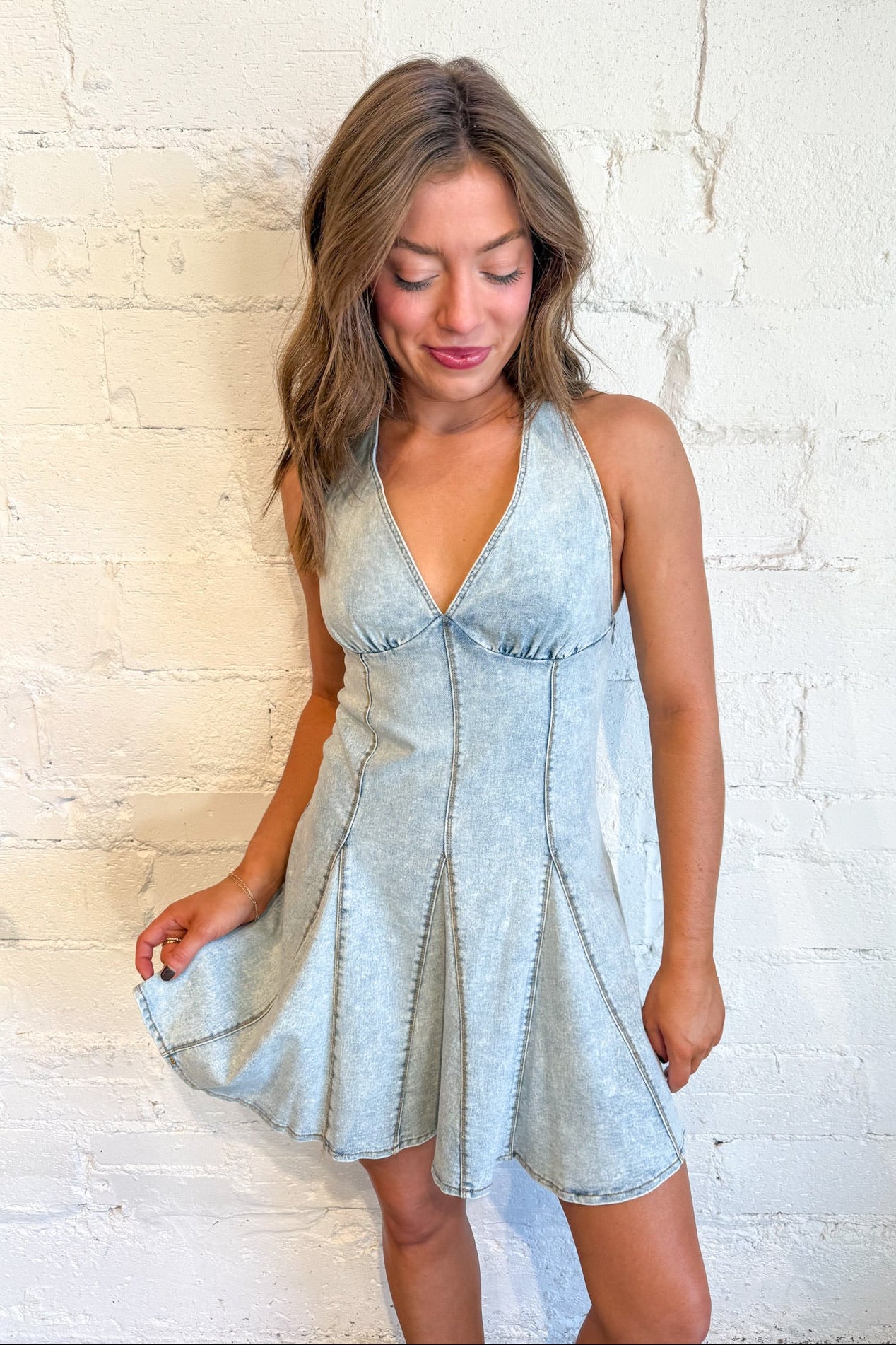Cowboy Boots & Pleats Halter Denim Mini Dress Adeline Cowboy Boots & Pleats Halter Denim Mini Dress Adeline
