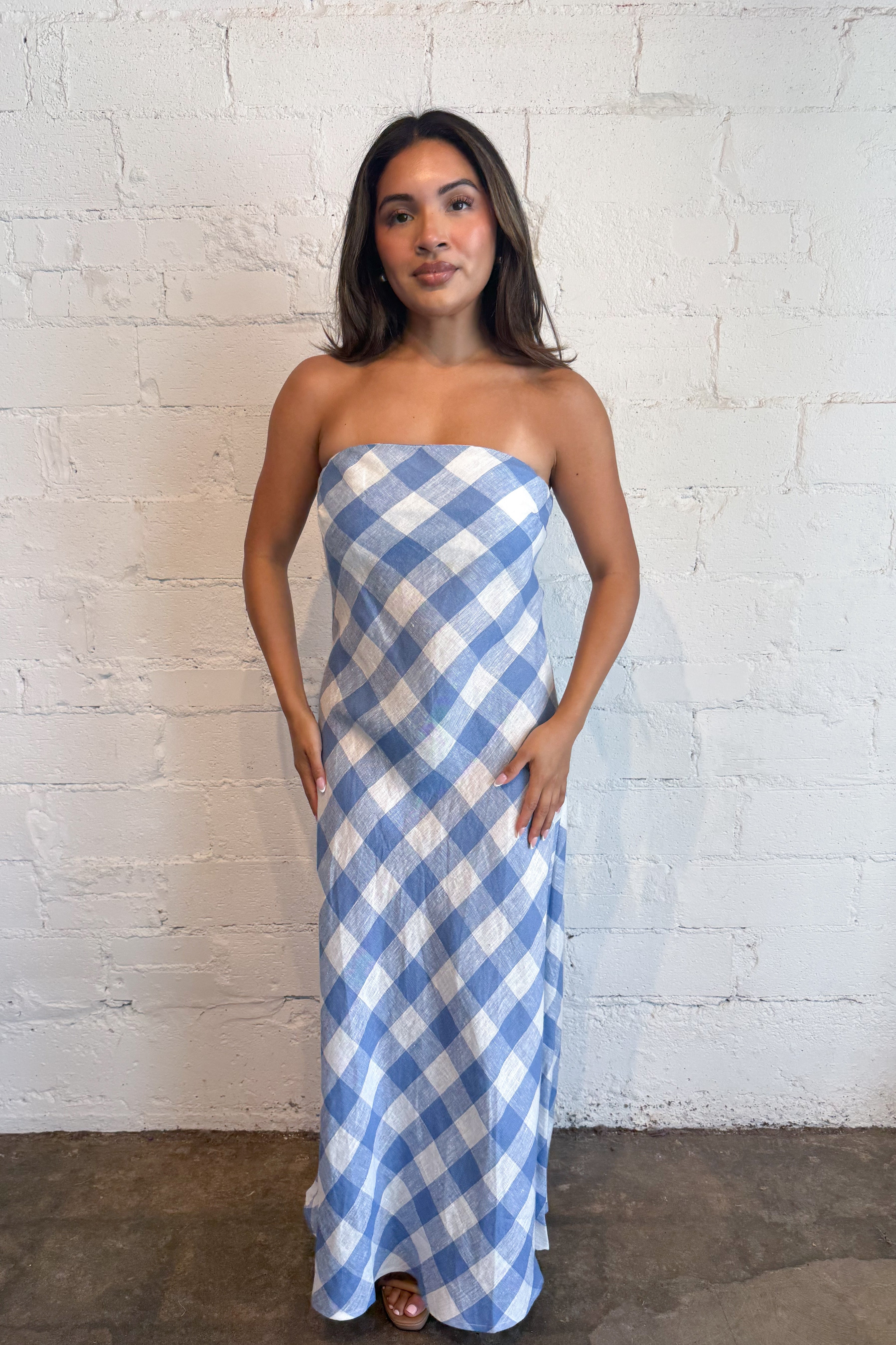 Erin Strapless Linen Gingham Maxi Dress