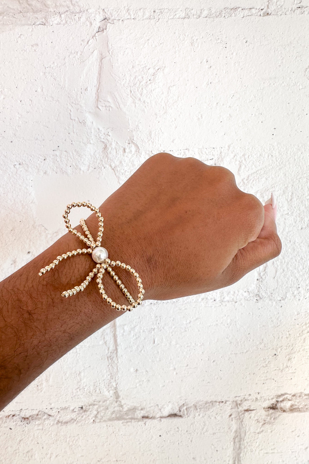 Gold Beaded Bow Bracelet W/ a Pearl, Bracelet, jewelry, Adeline Boutique