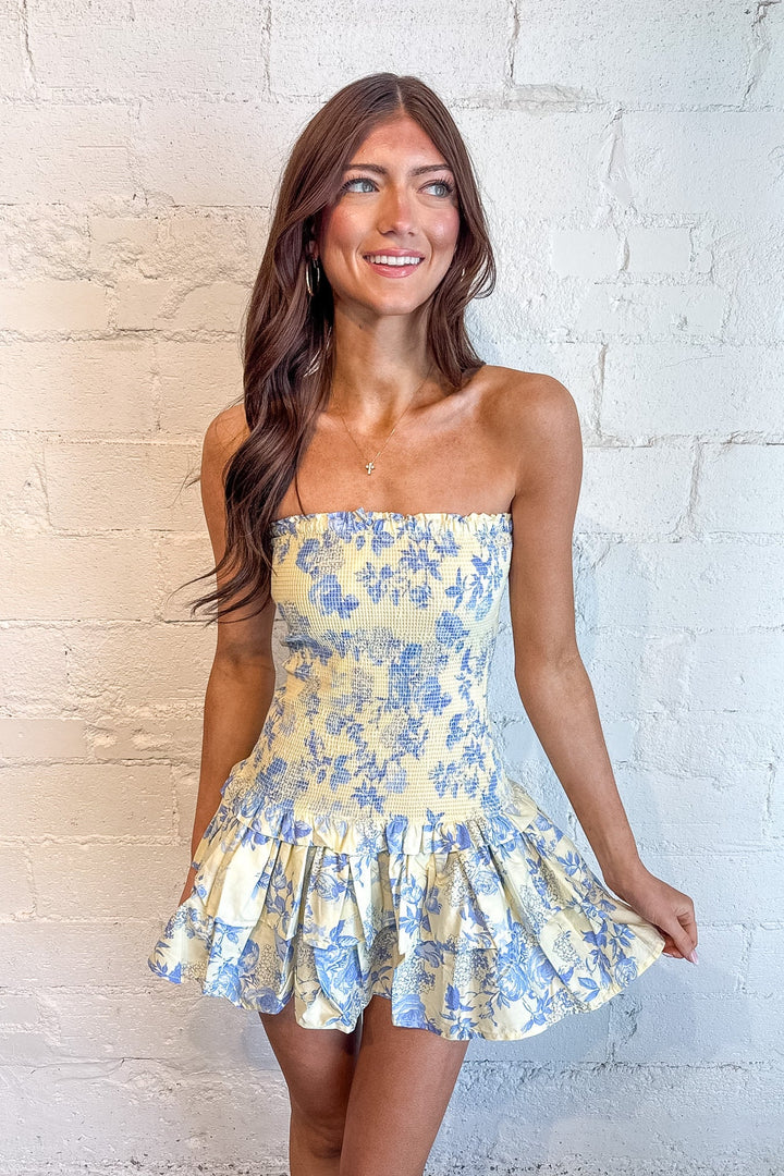Addison Dress, Strapless Mini Dress, Floral Mini Dress, Spring and Summer Dresses, Vacation Dress, Brunch Dresses, Sorority Rush Dress, Rush Dresses, Adeline Boutique, Dallas Boutique, Yellow Dress