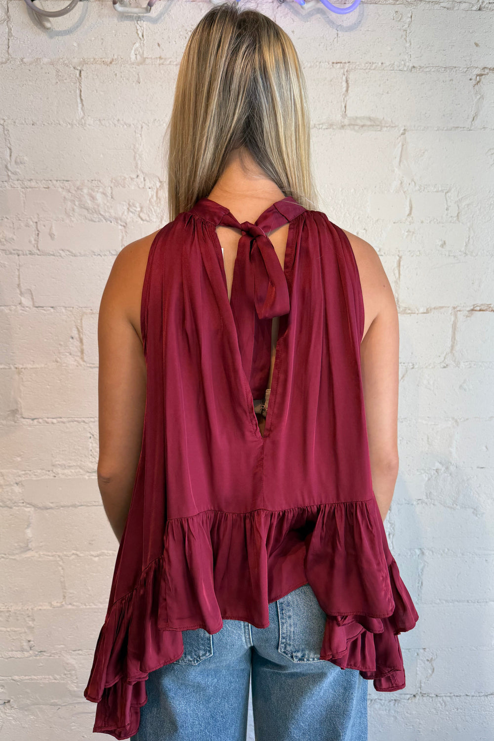 red halter top, halter top with ruffle, ruffle halter top, game day top, crimson top, crimson silk top 