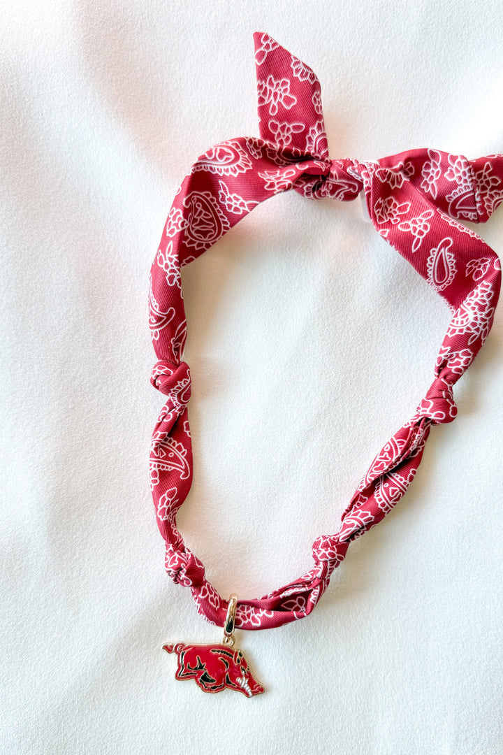 College Bandana Scarf Necklace, College Game Day, Game Day Outfit, Necklace, Accessories, Bandana Scarf, Adeline Boutique, Dallas Boutique, Boutique Jewelry, Woo Pig Sooie Accessories 