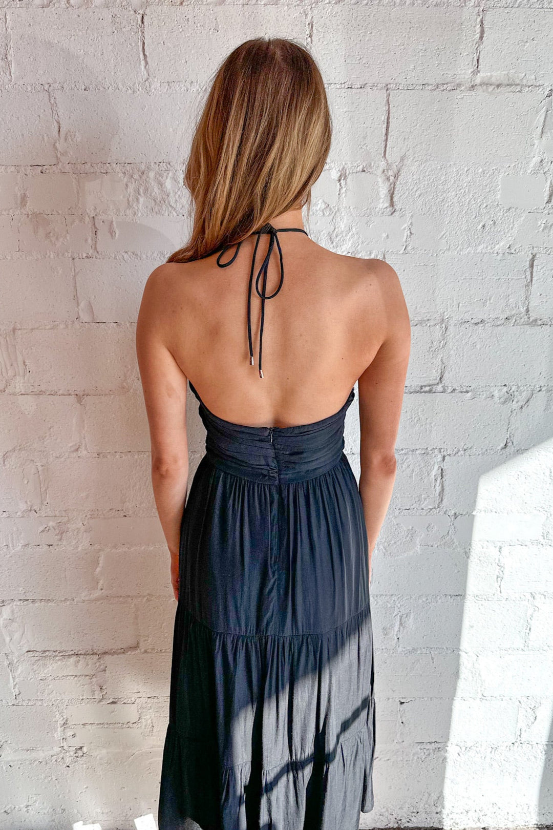 ruched back midi dress Light Blue Midi Summer Dress with Strappy Open Back Light Blue / Large