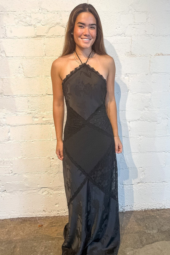 long maxi dress, black max dress, black maxi dress with lace detailing, black tike romance dress