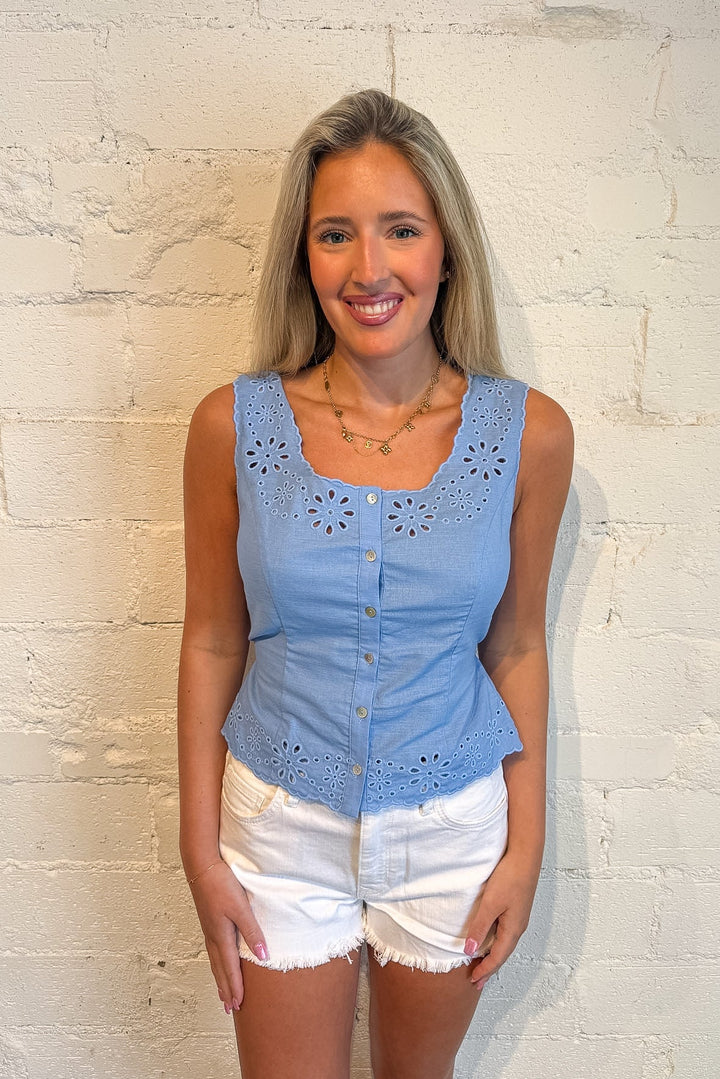 Ellie Eyelet Top, White Embroidered Top, Tops, Spring and Summer Tops, Adeline Boutique, Dallas Boutique, Linen Top, Vacation Styles