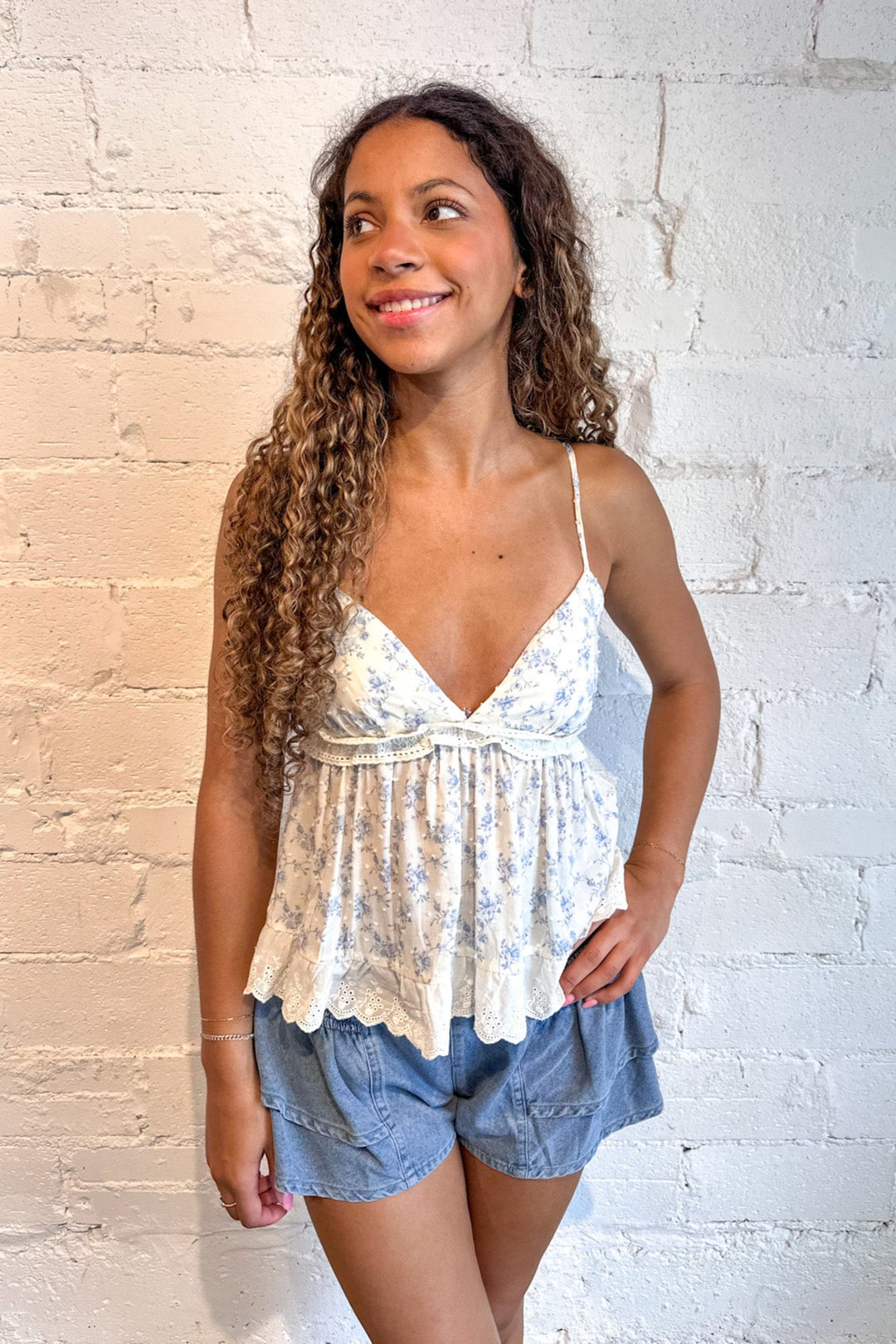 Blue Flower Honey Ruffle Trim Top, Tank Top, Adeline Boutique, Dallas Boutique, Tops, Summer Styles