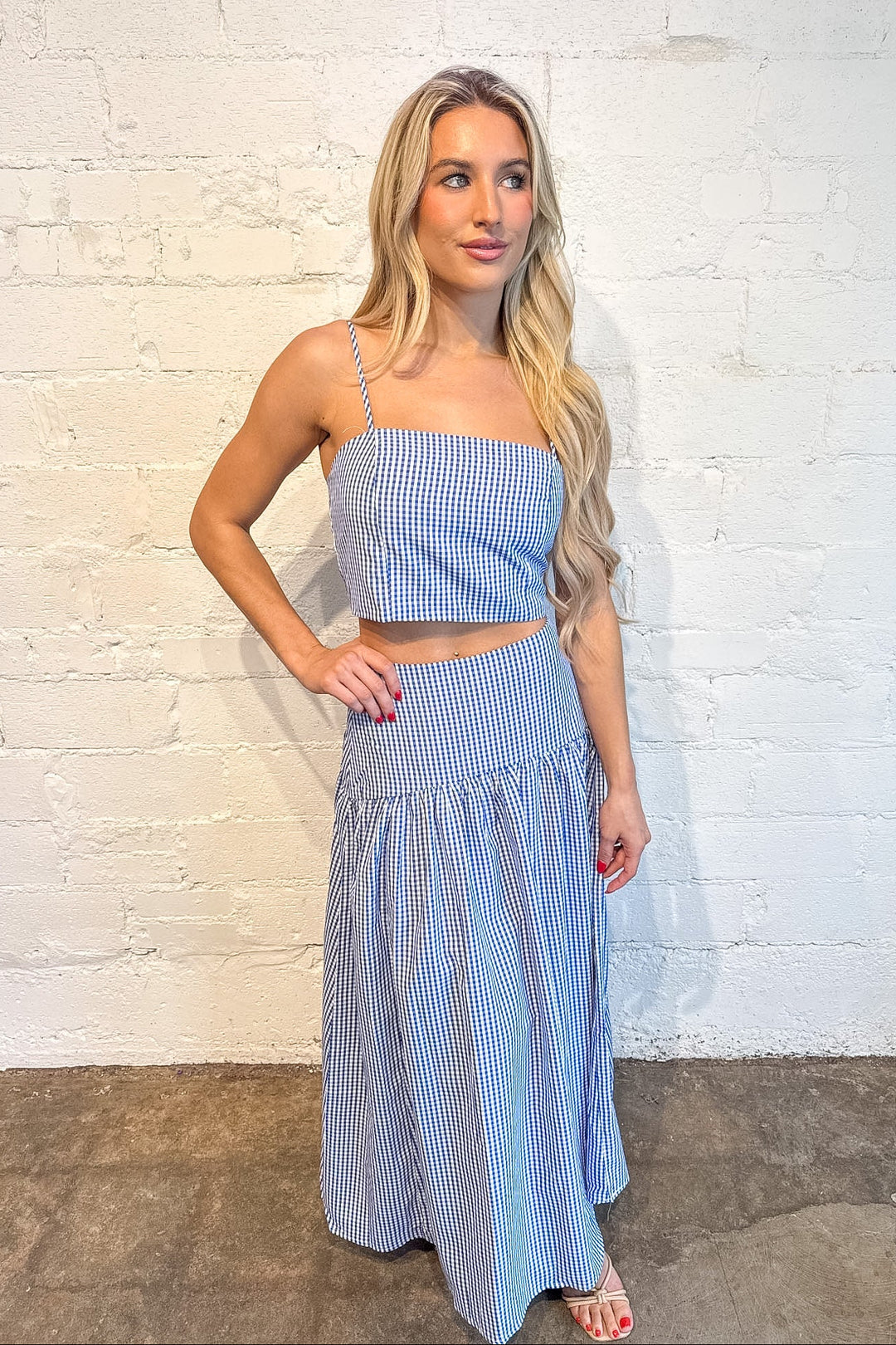 Gracie Gingham Maxi Skirt, Sets, Matching Sets, Spring and Summer Styles, Vacation Styles, Adeline Boutique, Dallas Boutique, Vacation Styles, Gingham Skirt, Maxi Skirt