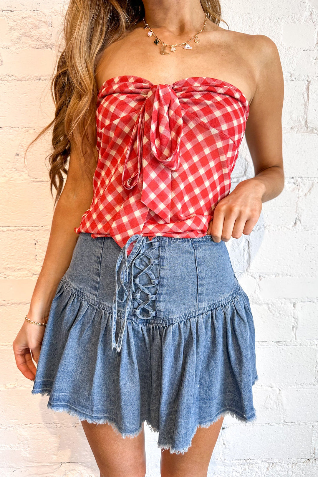 Blue Rush Mini Skort, Denim Skirt, Rodeo Outfit, Country Concert Outfit, Adeline Boutique, Dallas Boutique