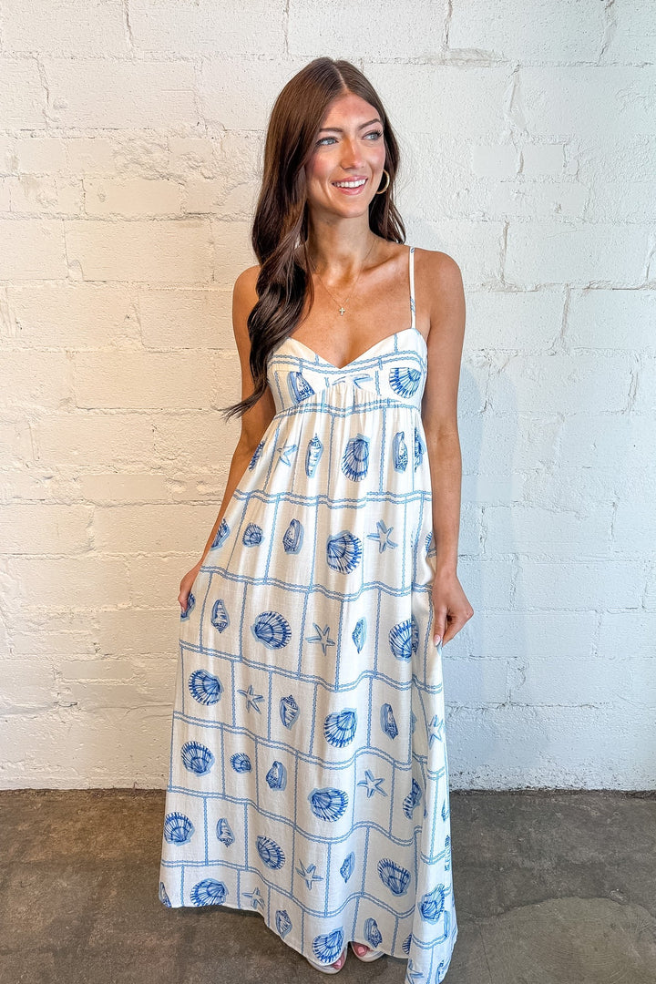 Blue Shell Print Dress, Maxi Dress, Spring and Summer Dresses, Vacation Dresses, Adeline Boutique, Dallas Boutique, Boutique Dresses, White Dress