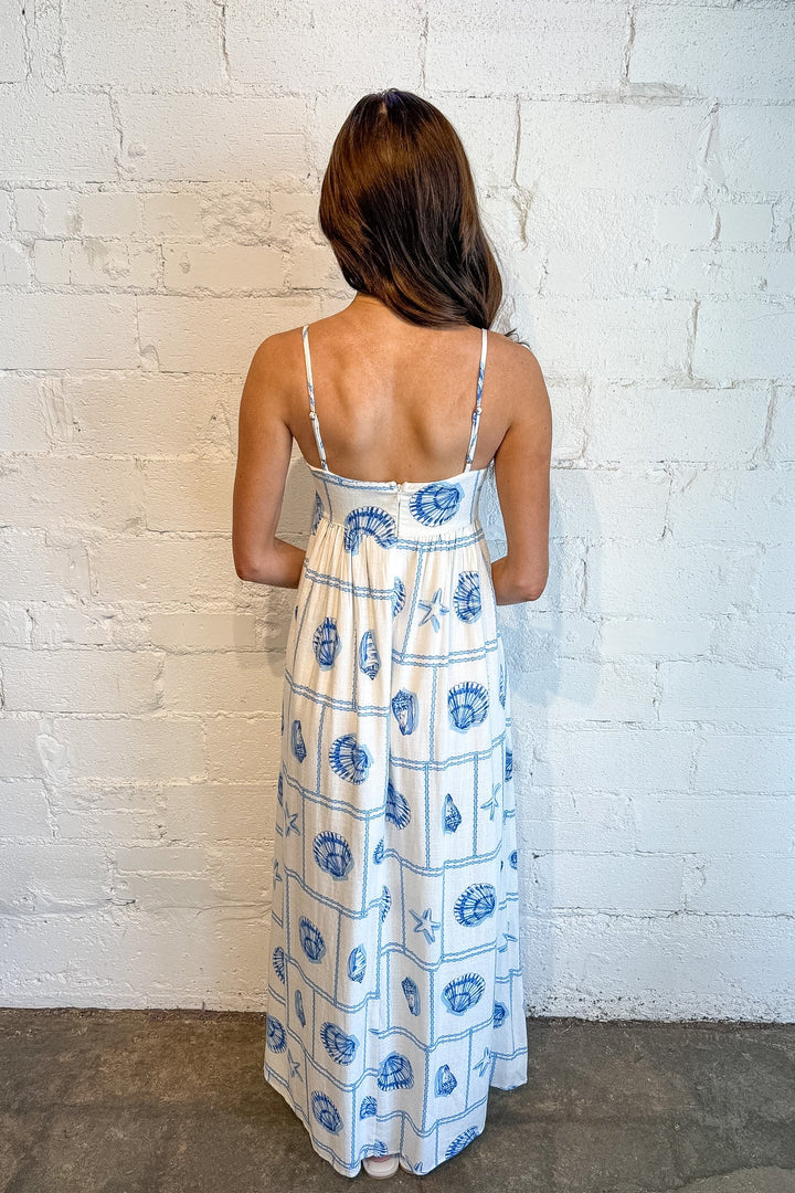 Blue Shell Print Dress, Maxi Dress, Spring and Summer Dresses, Vacation Dresses, Adeline Boutique, Dallas Boutique, Boutique Dresses, White Dress