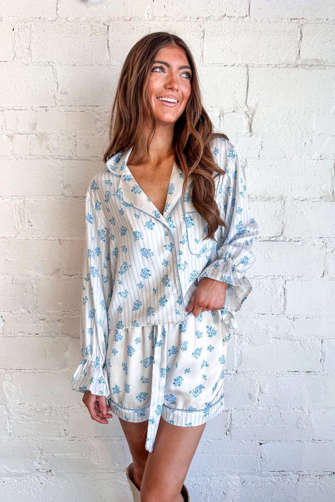 Blue Stripe Satin PJ Top, Pajama Top, Pajamas, Satin Pajamas, Adeline Boutique, Dallas Boutique 