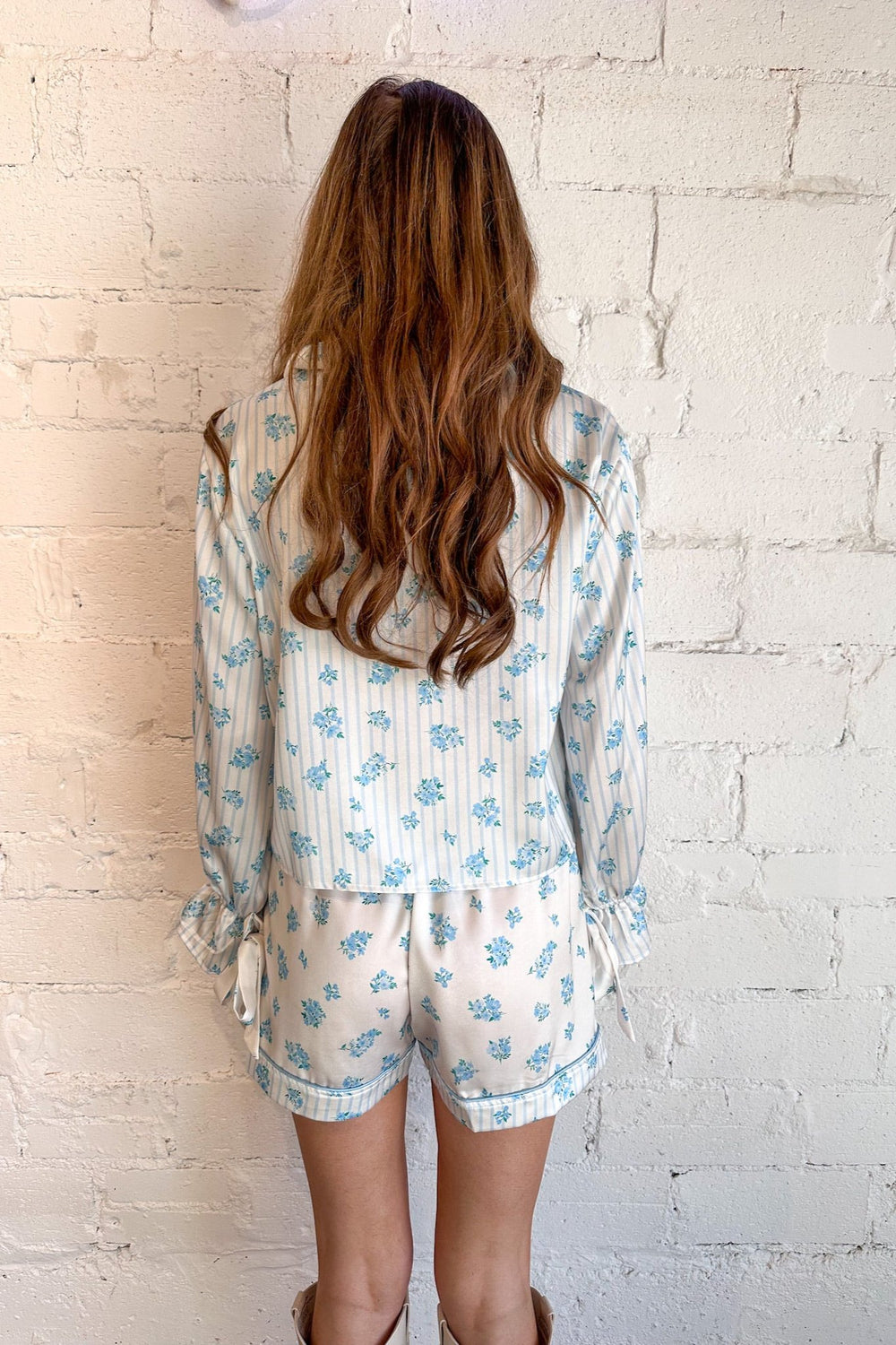 Blue Stripe Satin PJ Top, Pajama Top, Pajamas, Satin Pajamas, Adeline Boutique, Dallas Boutique 