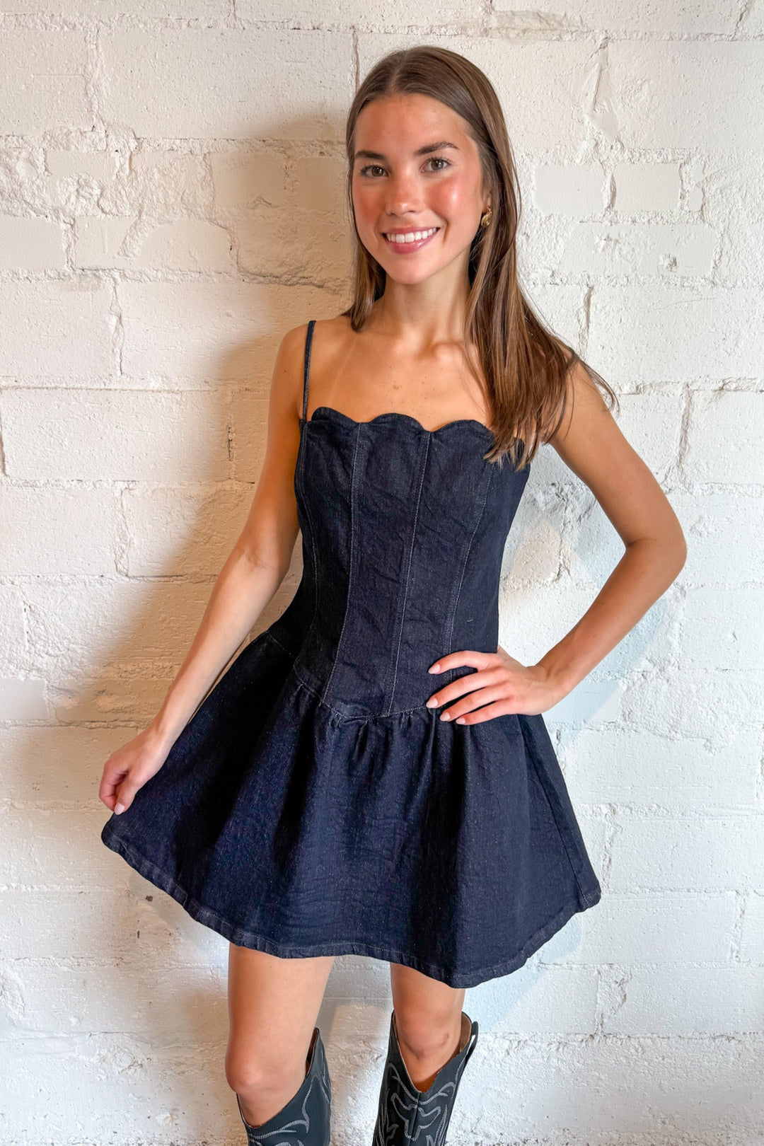 Blue Tide Scallop Denim Dress, Denim Dress, Rodeo Outfit, Country Concert Outfit, Denim, Adeline Boutique, Dallas Boutique, Dresses