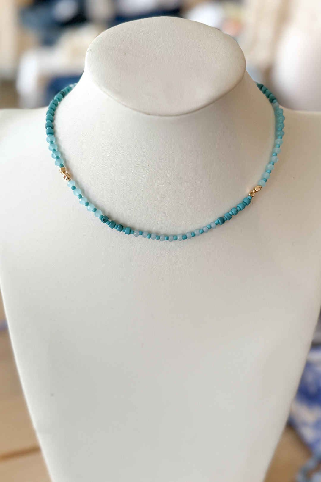 Blue and gold beaded necklace, necklace, necklaces, dallas boutique, boutique