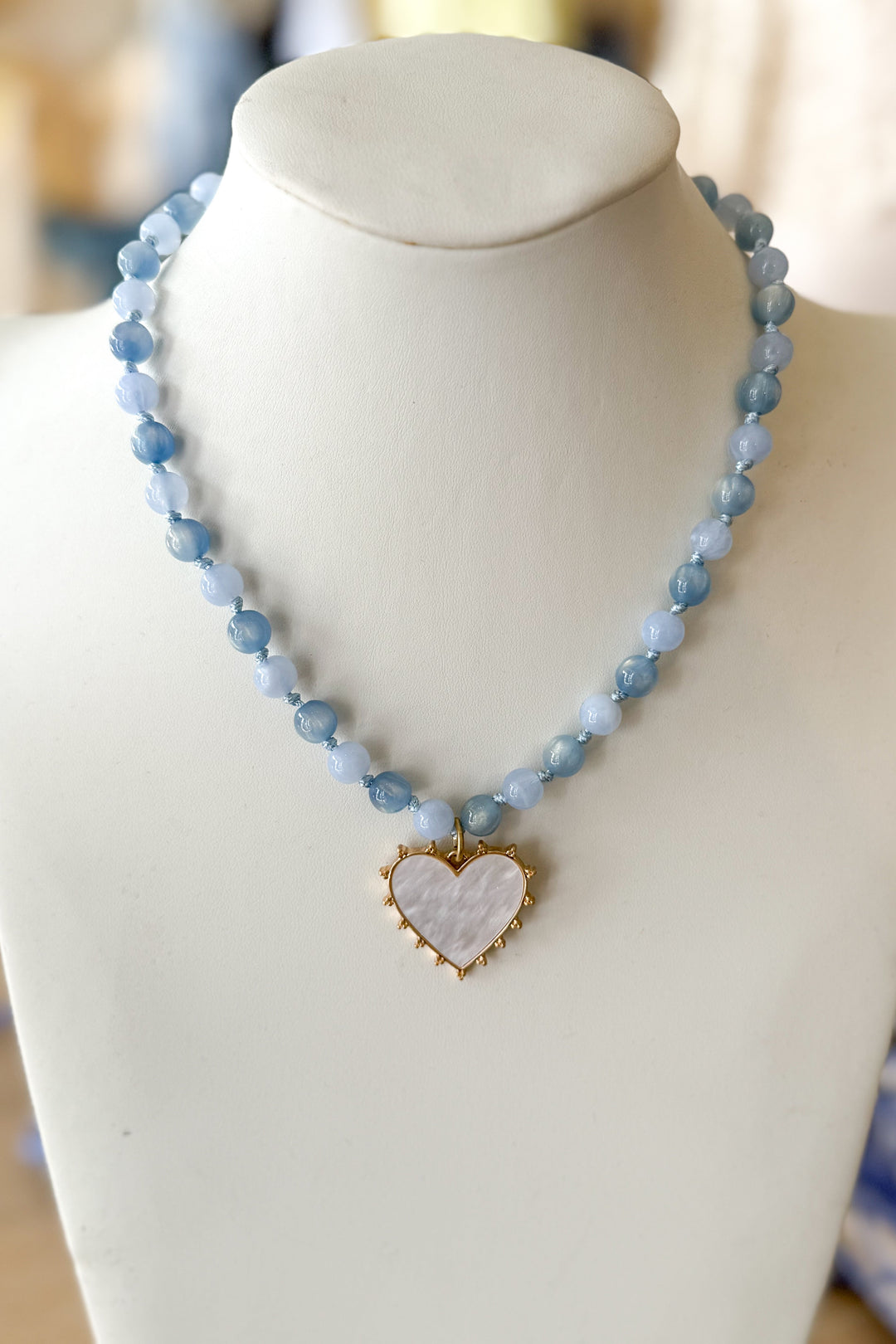 Blue stone with pearl heart necklace, necklace, necklaces, dallas boutique, boutique