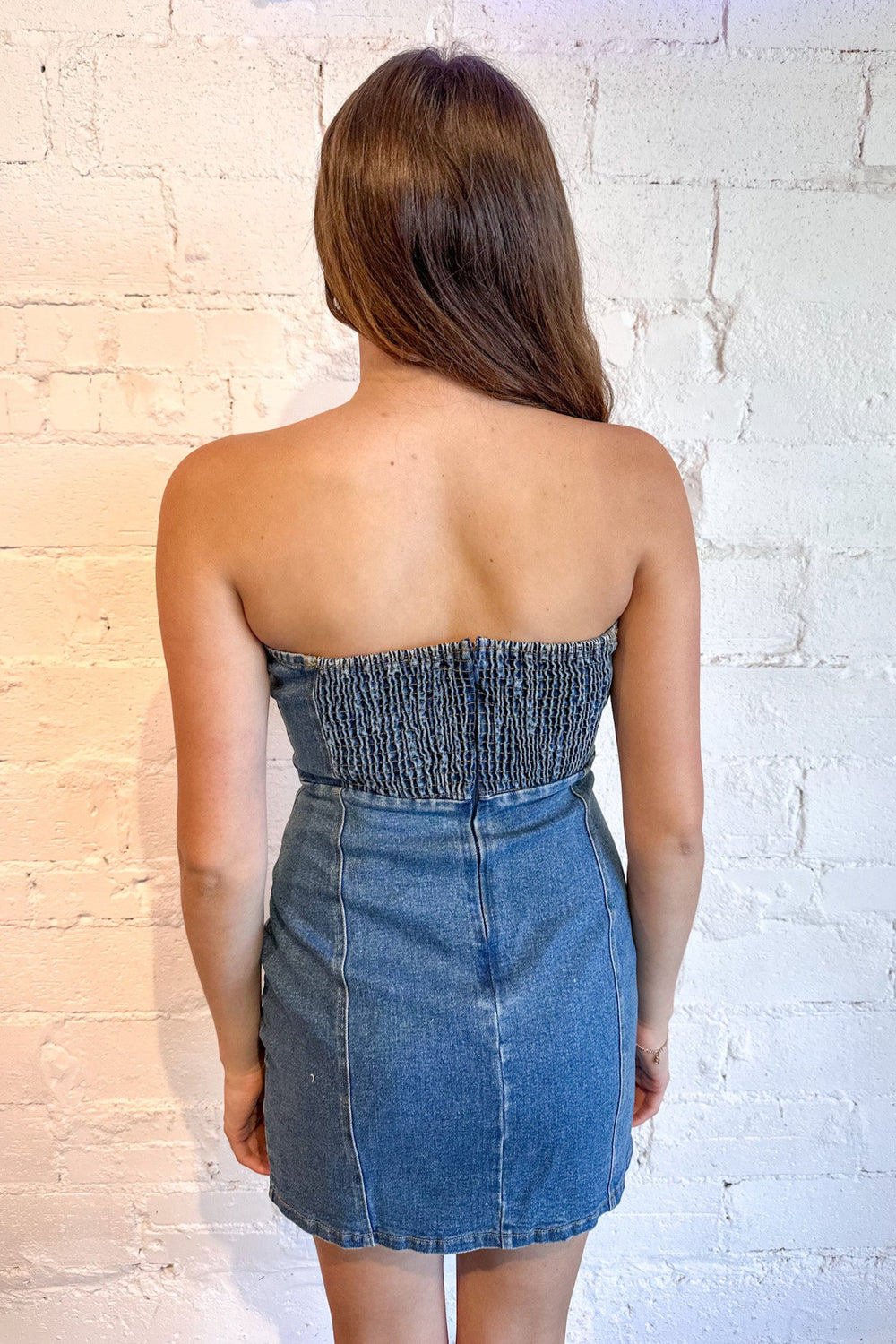 Bow & Blue Denim Dress, Denim Dress, Denim, Adeline Boutique, Dallas Boutique, Country Concert Dress, Strapless Dress