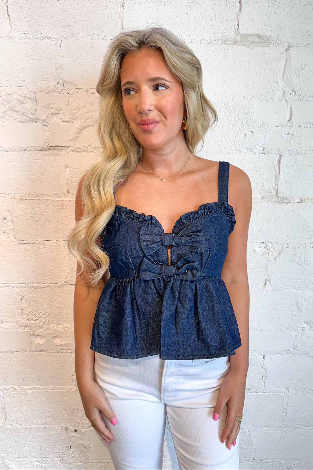 Bows & Denim Top, Bow Top, Denim Top, Adeline Boutique, Dallas Boutique, Boutique Tops, Denim Spring Tops