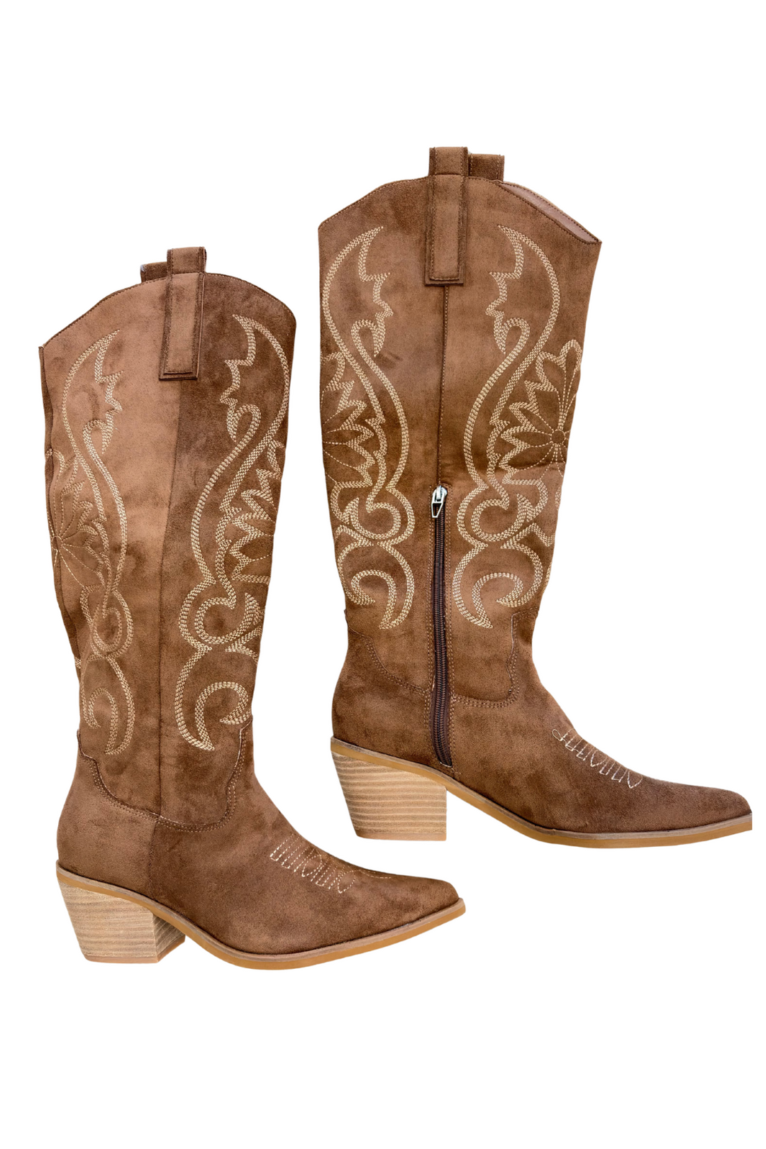 A pair of brown suede cowboy boots with beige embroidered scrollwork on the shafts, shown from the front and side angles against a plain white background.