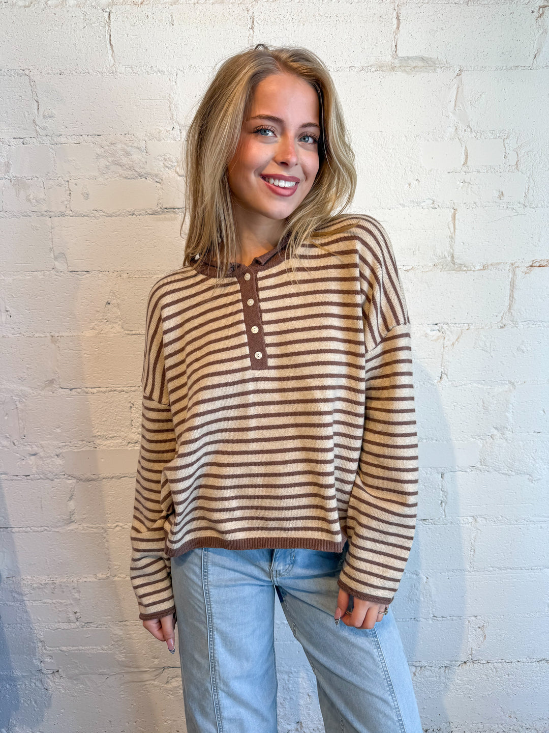 brown stripe sweater , stripe sweater, stripe henley sweater, dallas boutique 