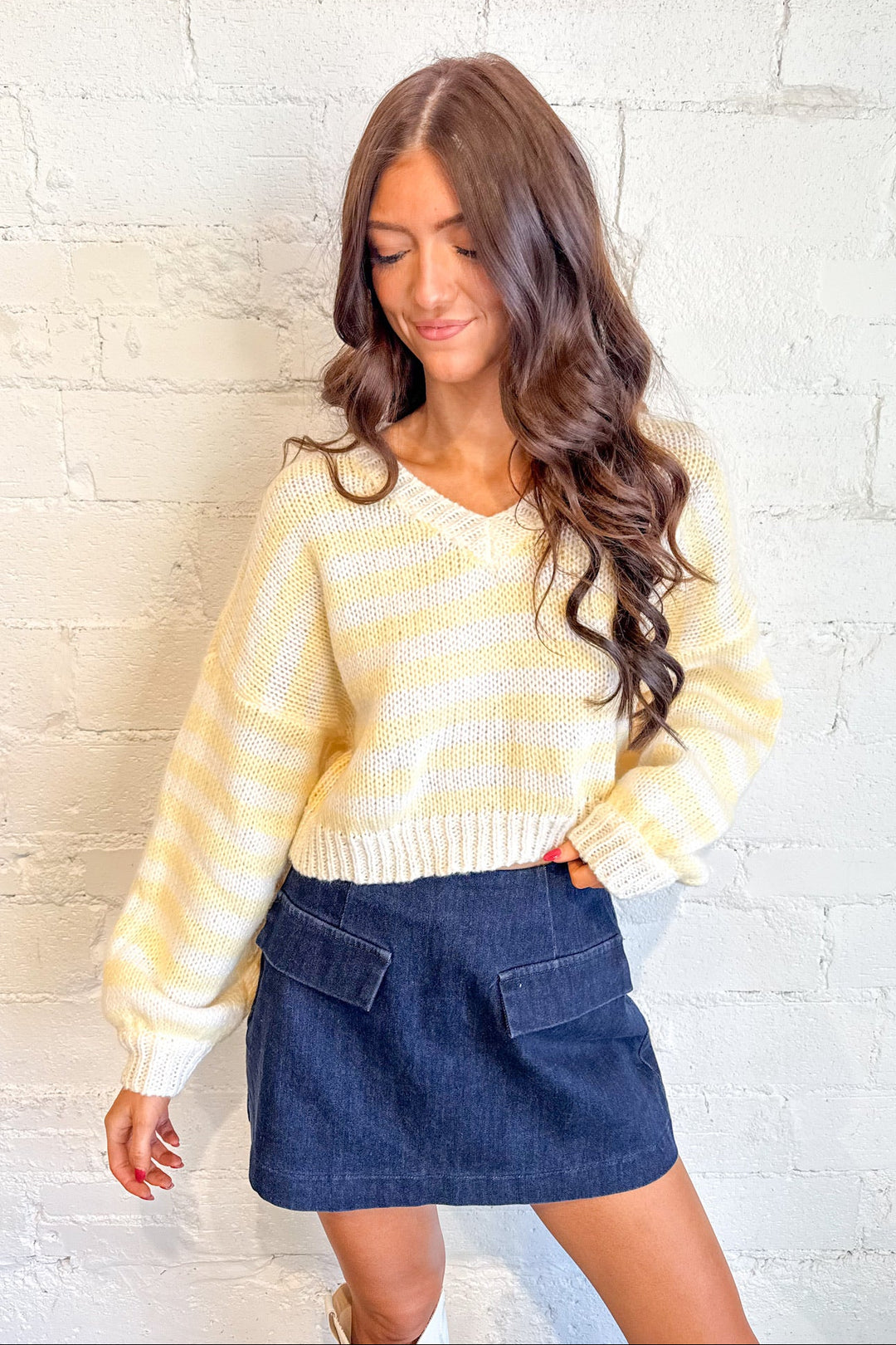 Butter Stripe Sweater, Yellow Sweater, Cropped Sweater, Knit Sweater, Adeline Boutique, Dallas Boutique, Fall and Winter Styles