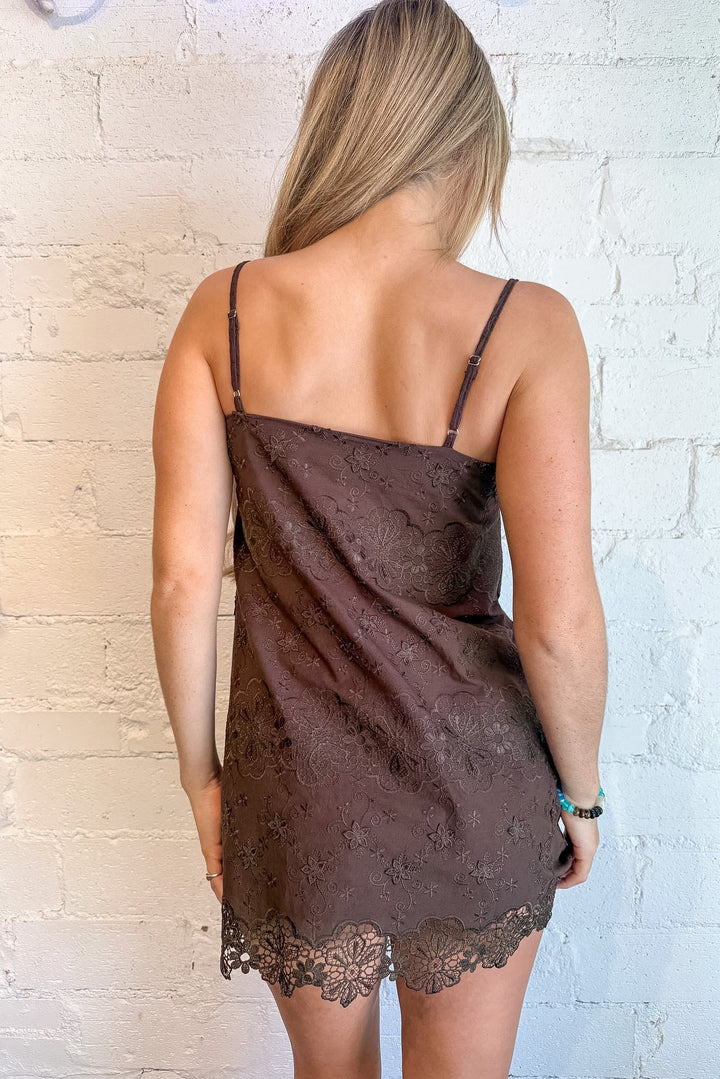 mini dress, brown mini dress, day dress, dress with lace and flower details, game day dress