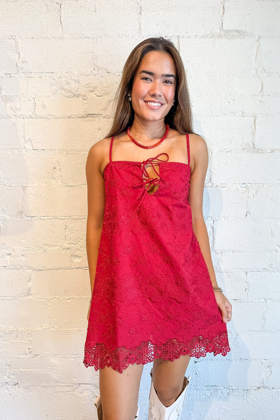 mini dress, red mini dress, day dress, dress with lace and flower details, game day dress