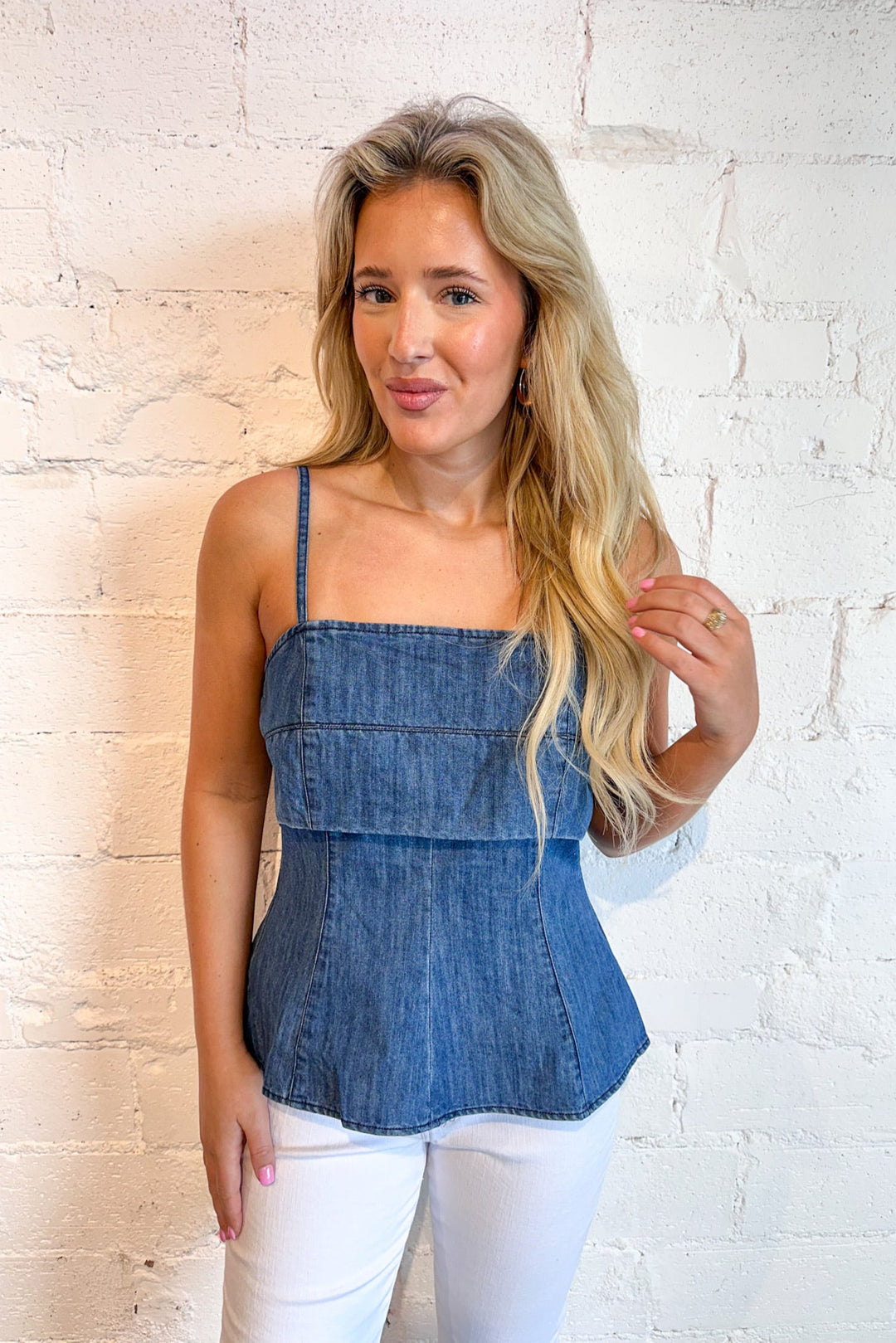 Chambray Charm Denim Babydoll Top, Denim Top, Adeline Boutique, Dallas Boutique, Summer Tops, Tank Tops, Boutiques