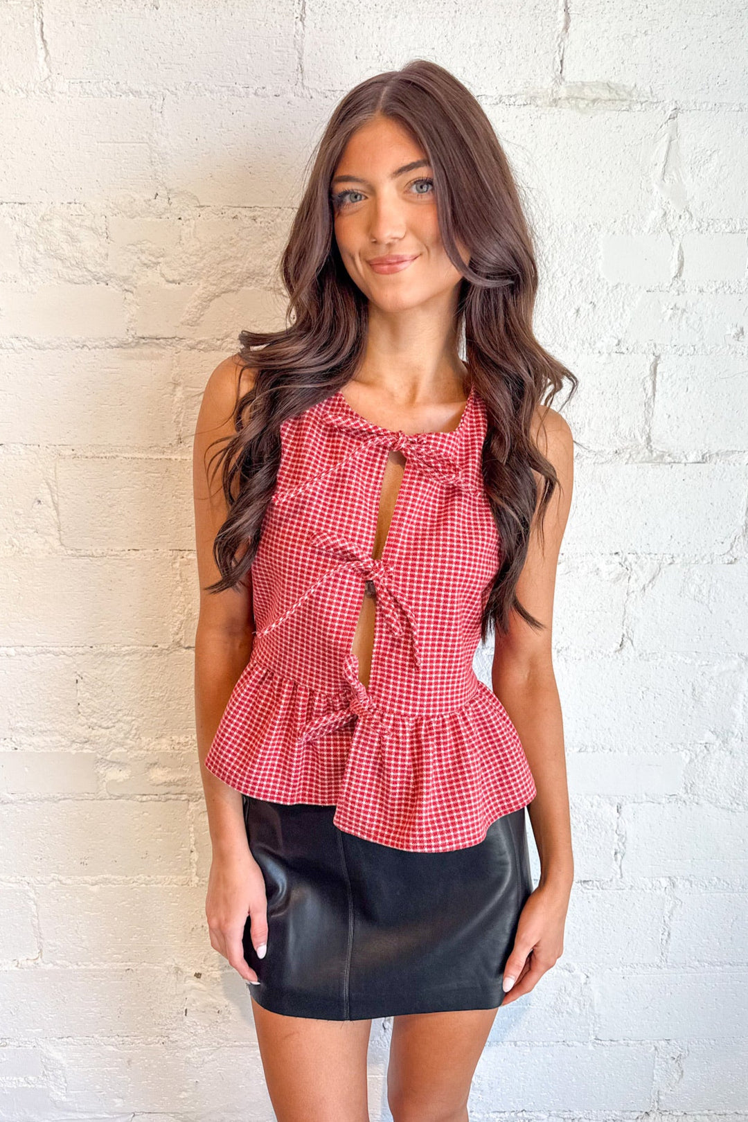 Check Me Out Tie Front Top, Tie Front Top, Tops, Game Day Outfit, Adeline Boutique, Holiday Styles, Gingham Tops, Dallas Boutique, Women's Clothing Boutique