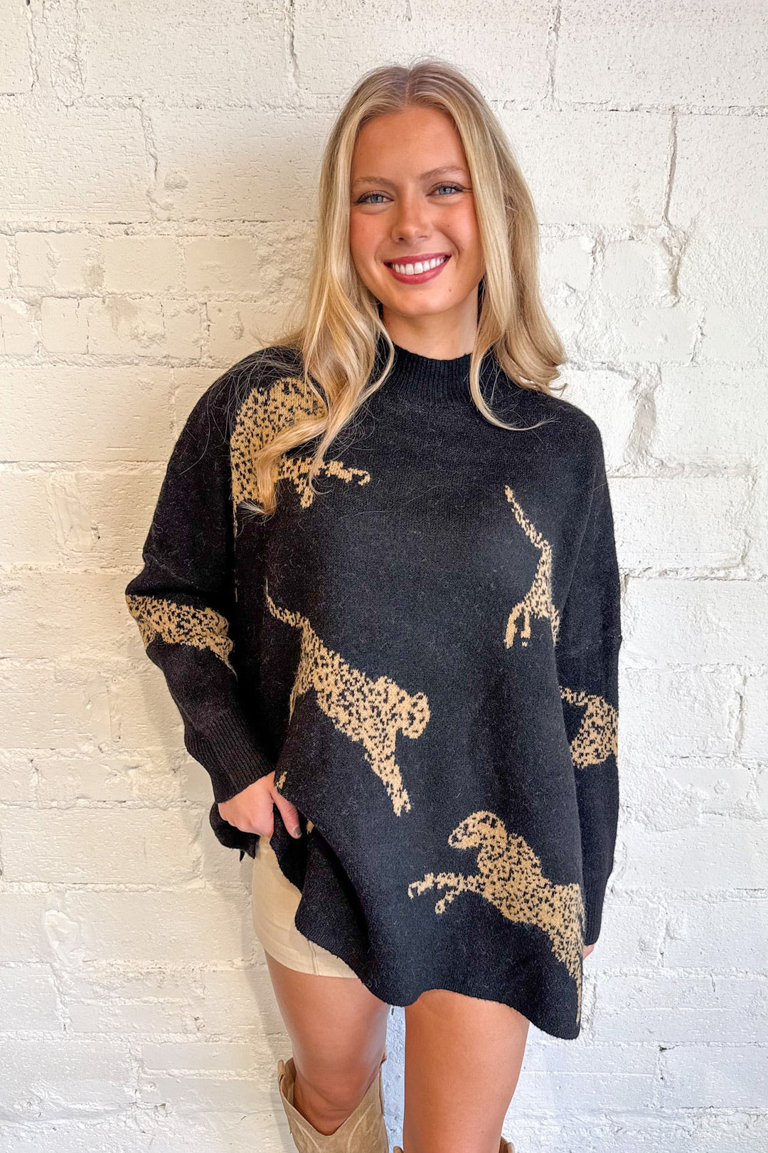 Cheetah Print Mock Neck Sweater, Animal Print, Sweaters, Oversized Sweater, Knit Sweater, Adeline Boutique, Dallas Boutique, Winter Styles, Women's Clothing Boutique