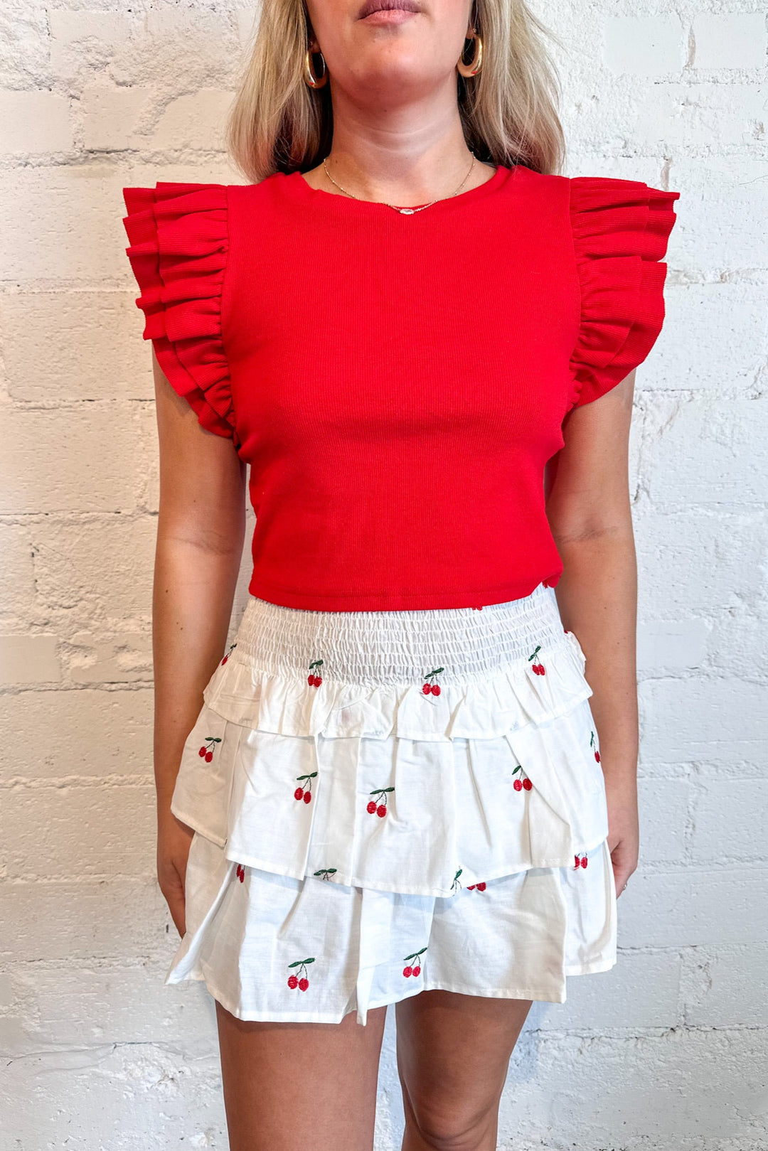 Cherry Embroidered Poplin Mini Skort, White Skirt, Mini Skirt, Adeline Boutique, Dallas Boutique, Boutique Clothing Spring Styles