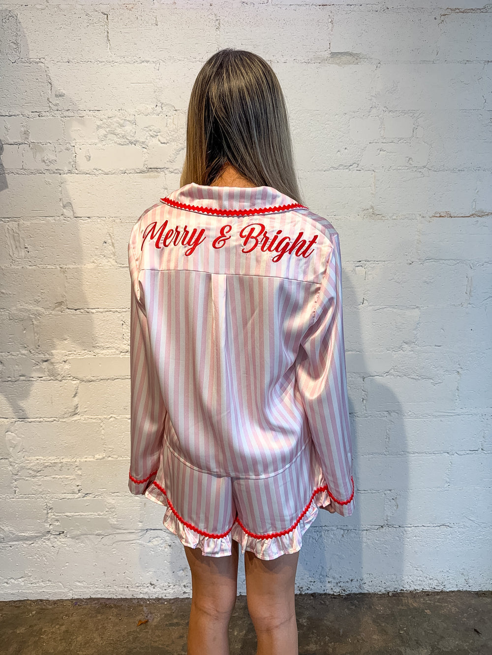 PJ Shorts, Christmas Pjs shorts, pink and white striped shorts