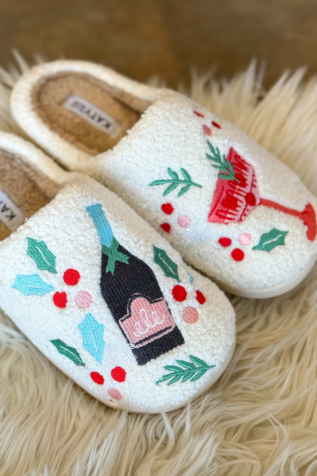 Christmas Champagne Slippers, Slippers, Christmas Slippers, Adeline Boutique, Dallas Boutique, Shoes
