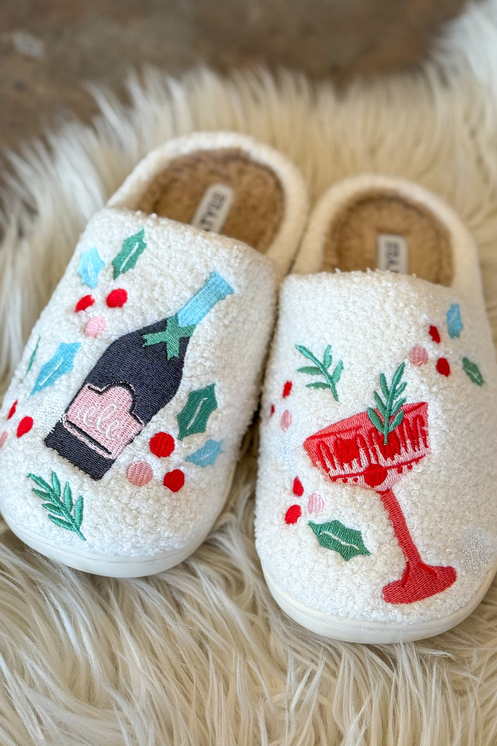 Christmas Champagne Slippers, Slippers, Christmas Slippers, Adeline Boutique, Dallas Boutique, Shoes