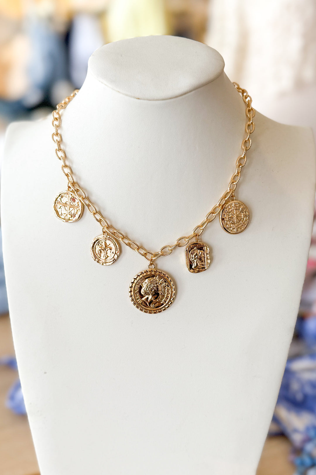 chunky gold coin necklace, gold necklace, gold charm necklace, necklace, necklaces, dallas boutique, boutique