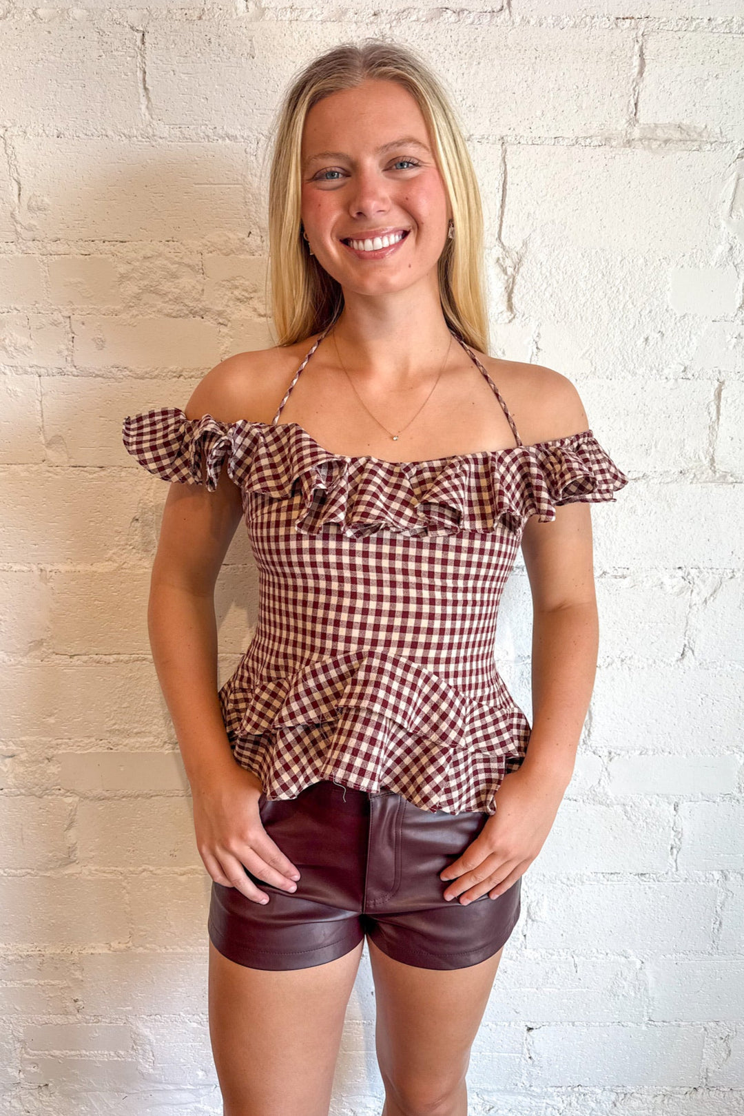 Cinnamon Spice Top, Gingham Top, Off the Shoulder Top, Game Day Outfits, Adeline Boutique, Dallas Boutique, Fall Tops