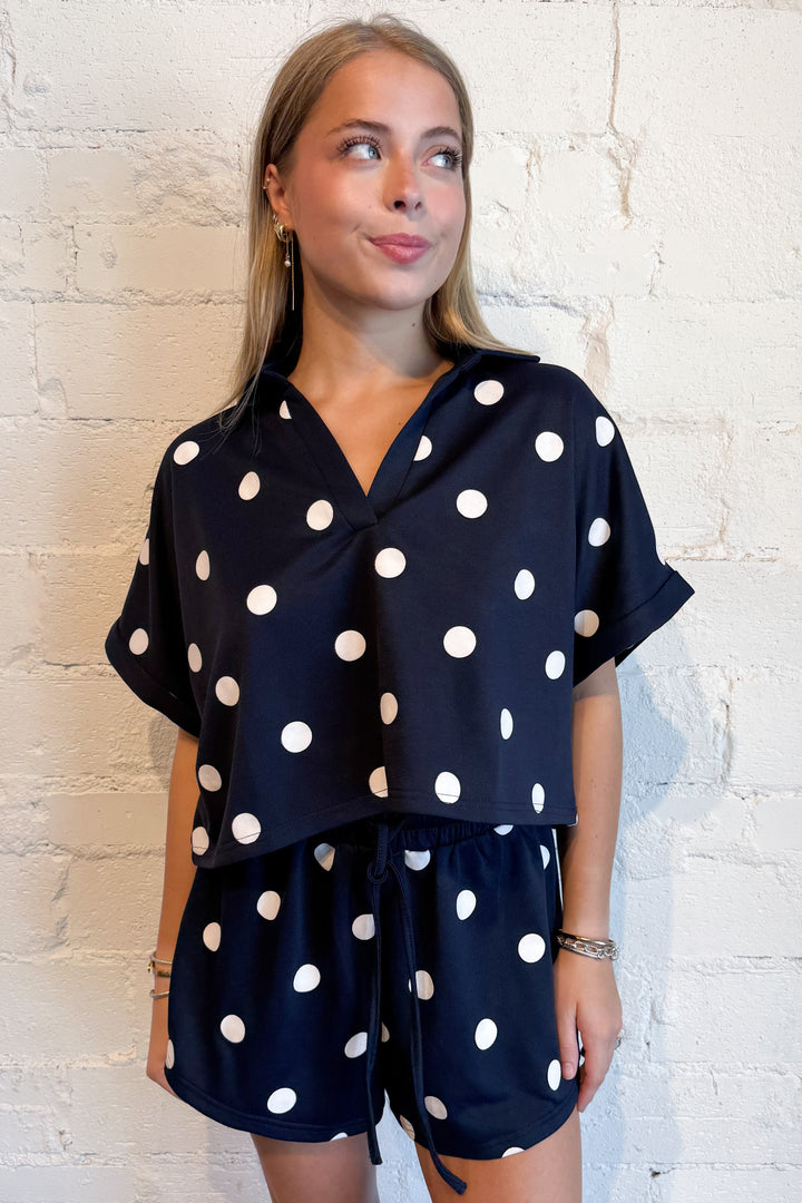 Clubhouse Polka Dot Top Navy, adeline boutique, dallas boutique, boutique