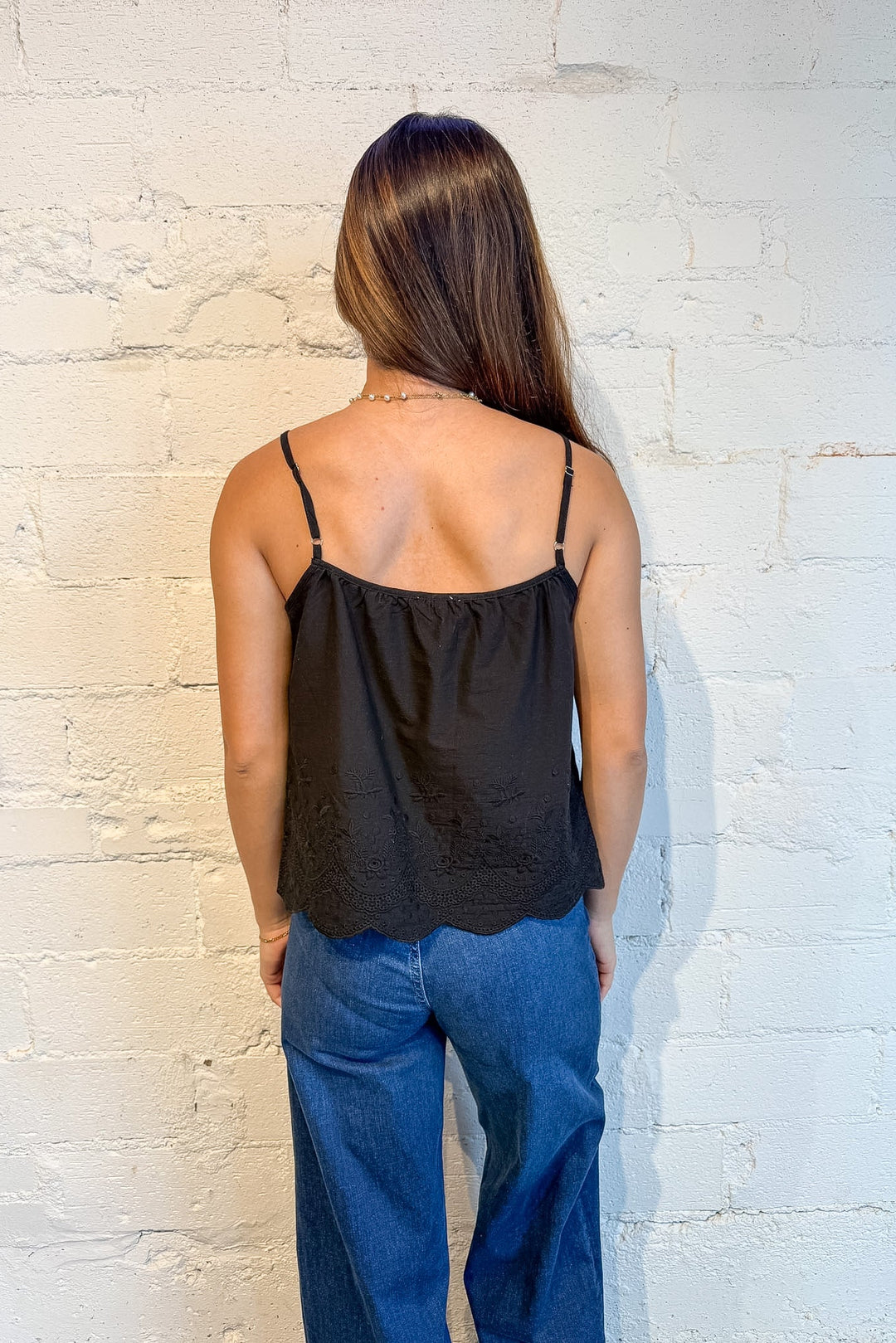 black flowy top, black tank top, Coastal Keepsake Eyelet Cami Top