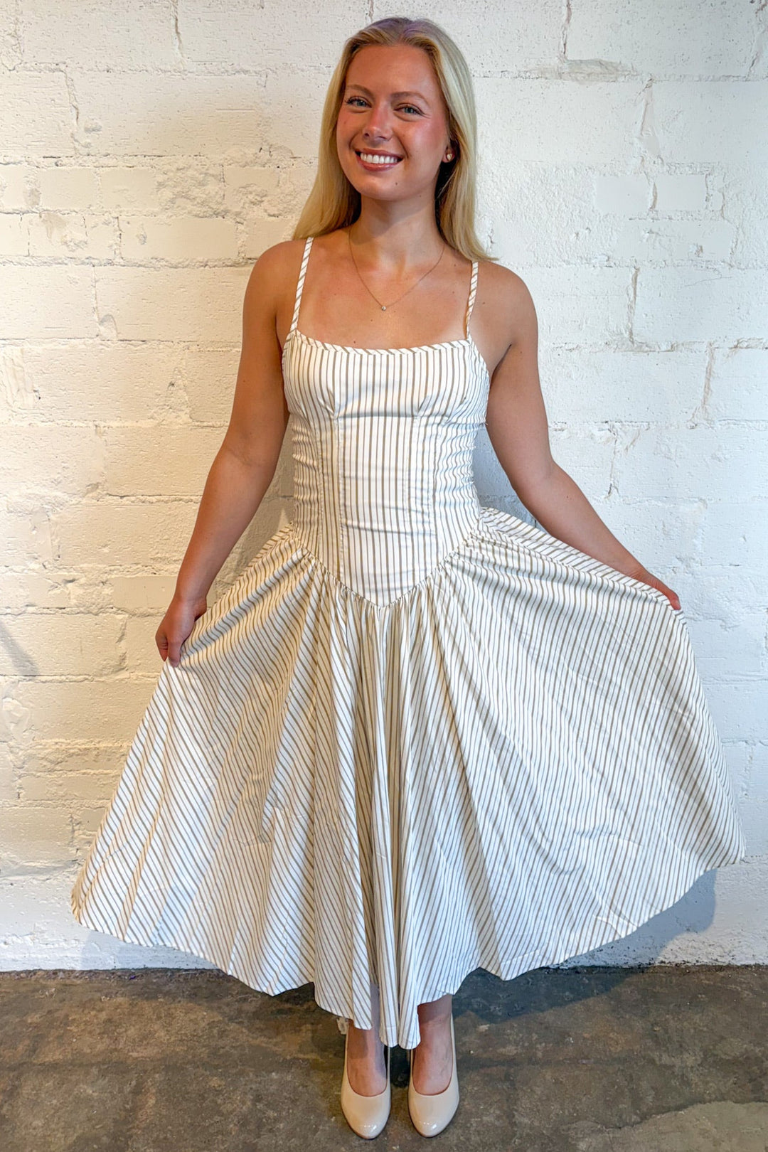 Cocoa Stripe Fit & Flare Maxi, Mai Dress, Adeline Boutique, Dallas Boutique, Boutique Dresses