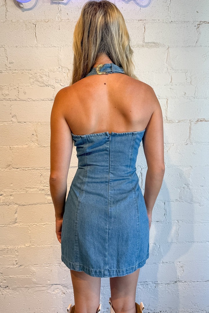 Denim dress, denim dress with buckle, country concert outift 
