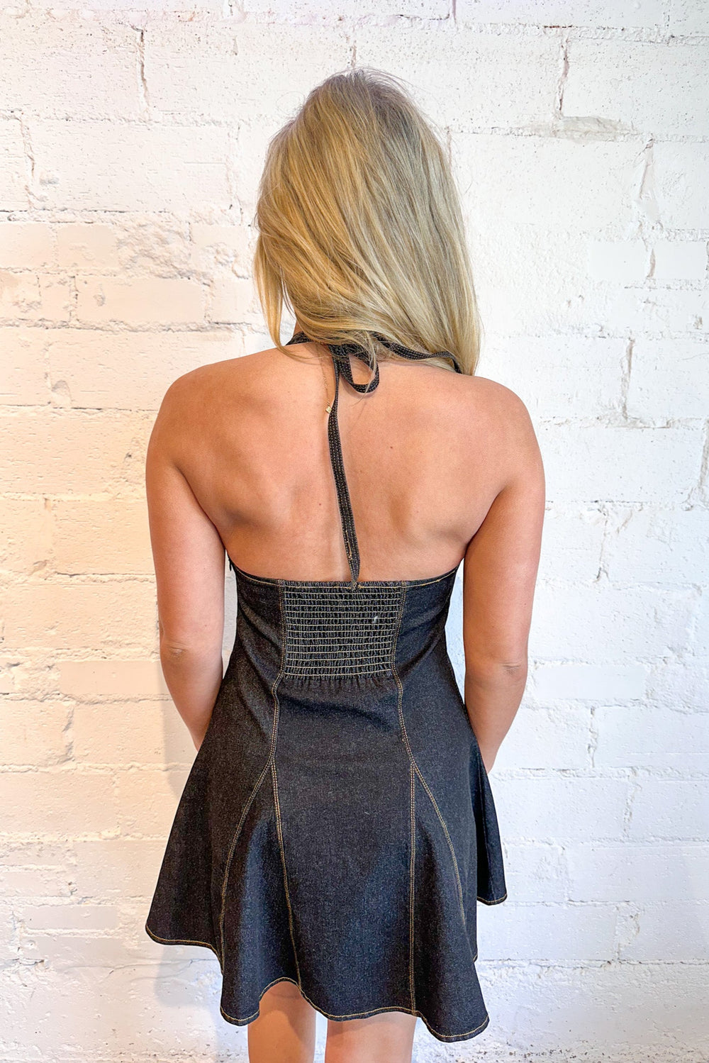 Cowboy Boots & Pleats Halter Denim Mini Dress, Denim, Denim Dress, Halter Dress, Rodeo Outfit, Adeline Boutique, Dallas Boutique