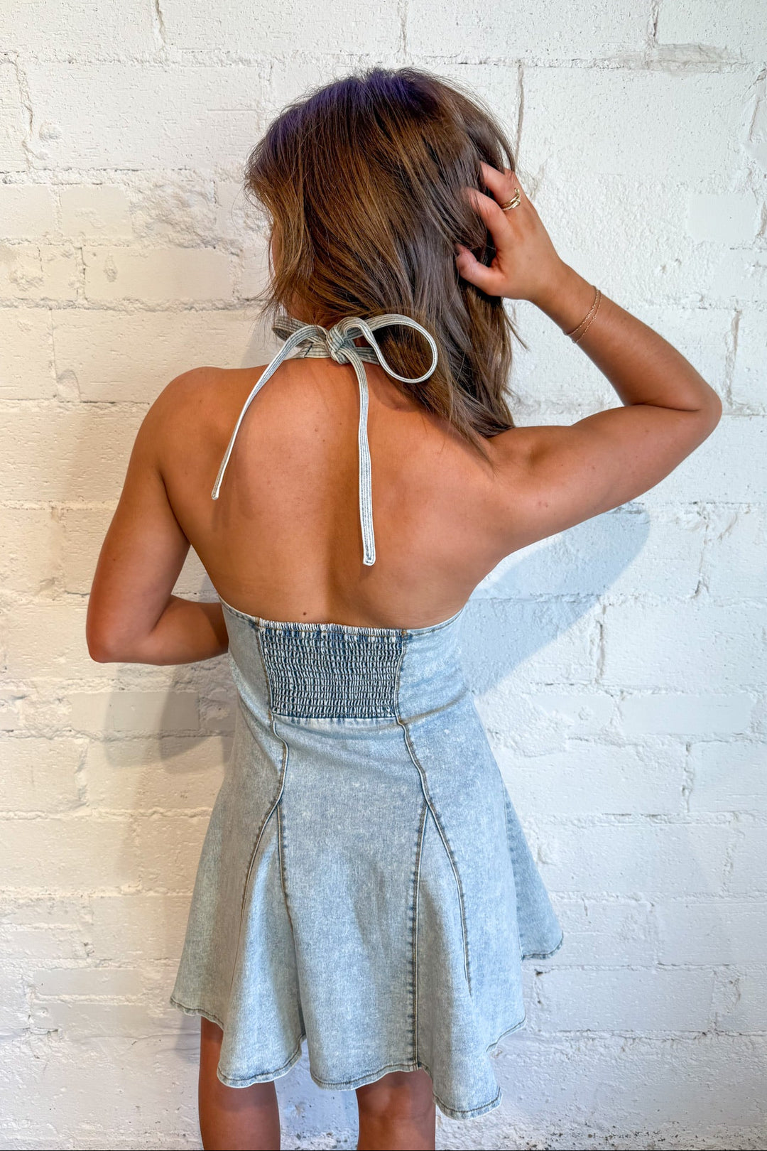 Cowboy Boots & Pleats Halter Denim Mini Dress Adeline Cowboy Boots & Pleats Halter Denim Mini Dress Adeline