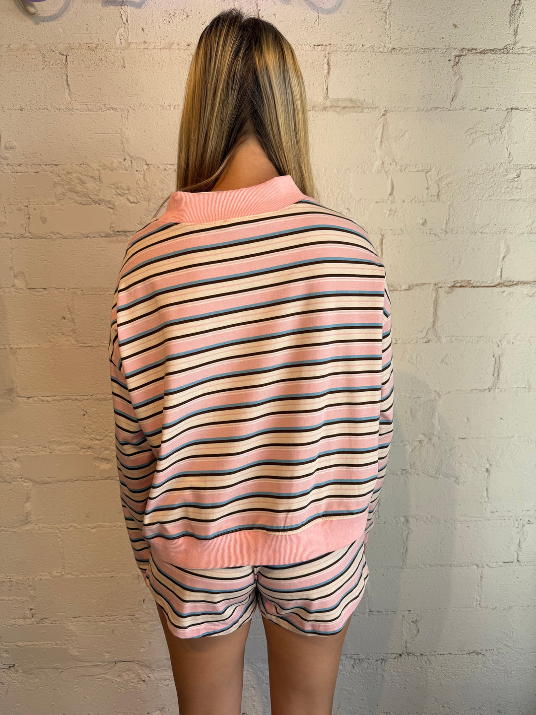 Pink women’s sweat shorts for casual and lounge outfits, matching set, pink matching set, pink stripe matching set, pink casual matching set 