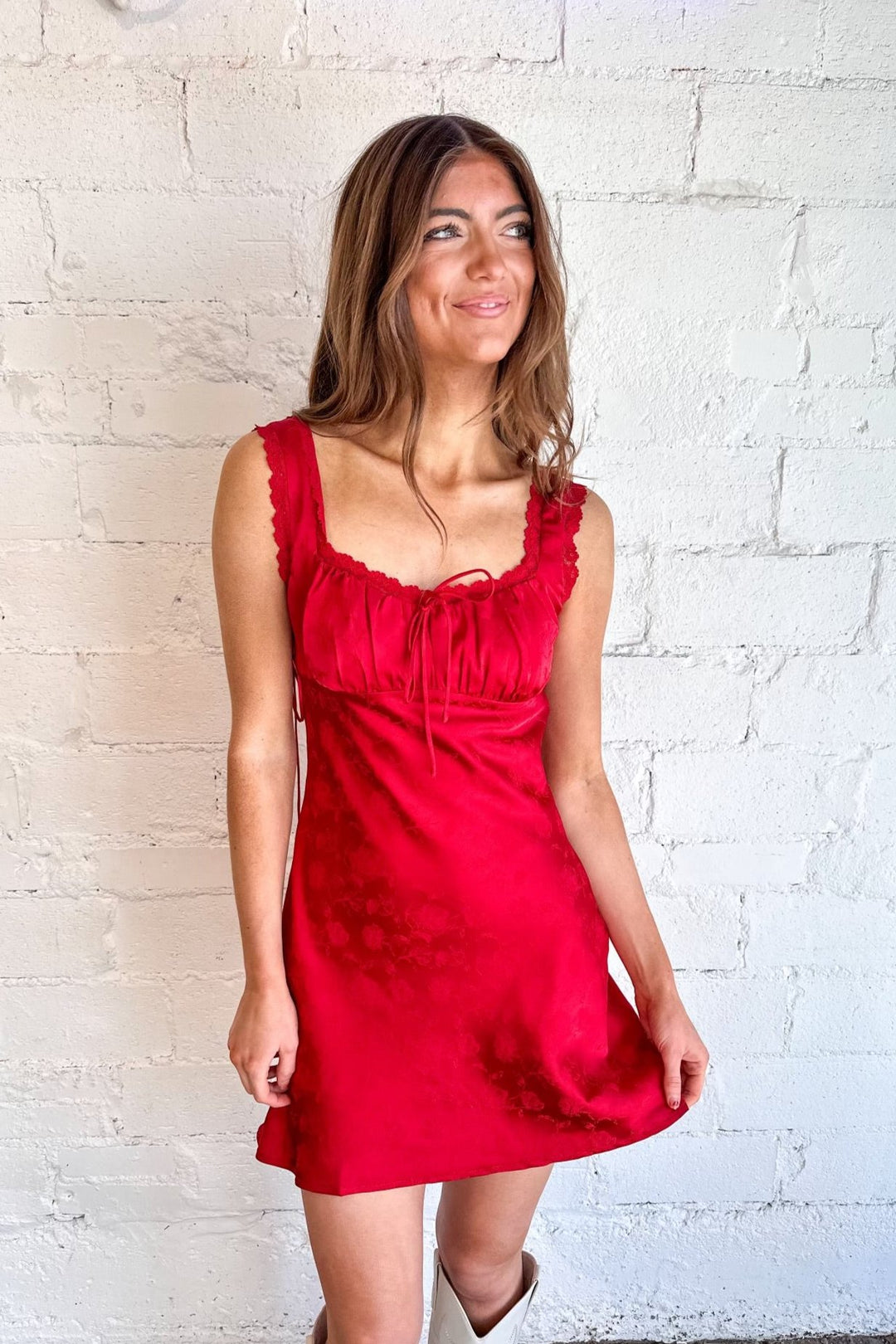 Cranberry Charm Dress, Red Dress, Mini Dress, Satin Dress, Adeline Boutique, Boutique Dresses