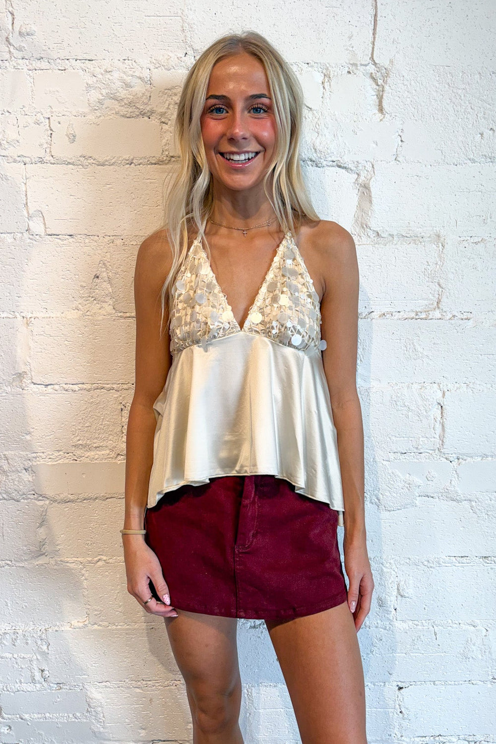 Brown Sequin Top, sequin top, part sequin top, sequin and satin top, cream sequin halter top 