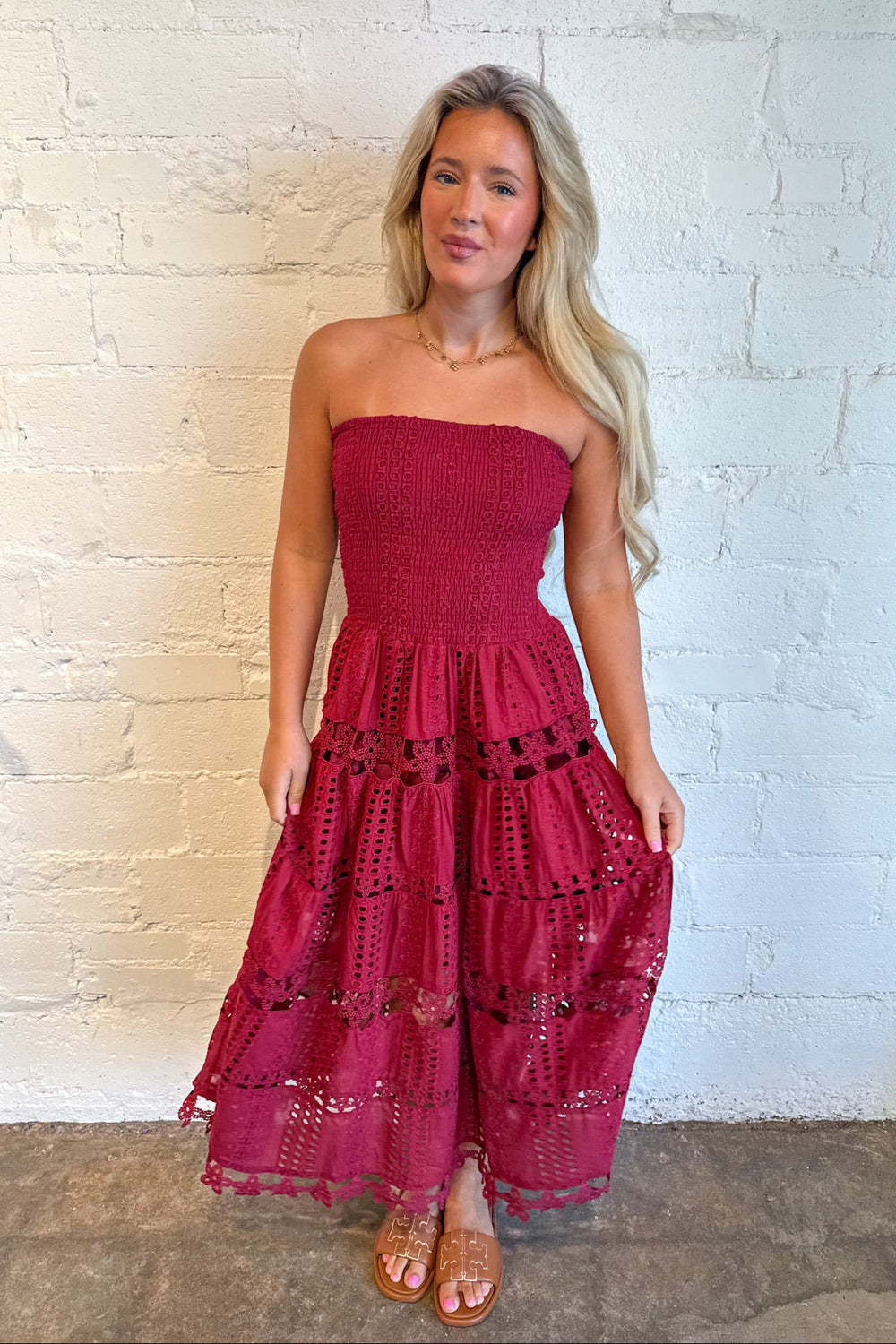 Evelyn Eyelet Maxi Dress, Strapless Maxi Dress, Maxi Dress, Adeline Boutique, Dallas Boutique, Dresses, Game Day Outfit