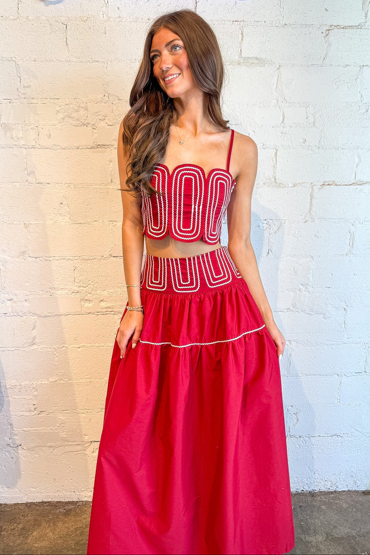 crimson matching set, matching set, crimson set, gameday set, game day set, maxi skirt, dallas boutique, gameday outfit 