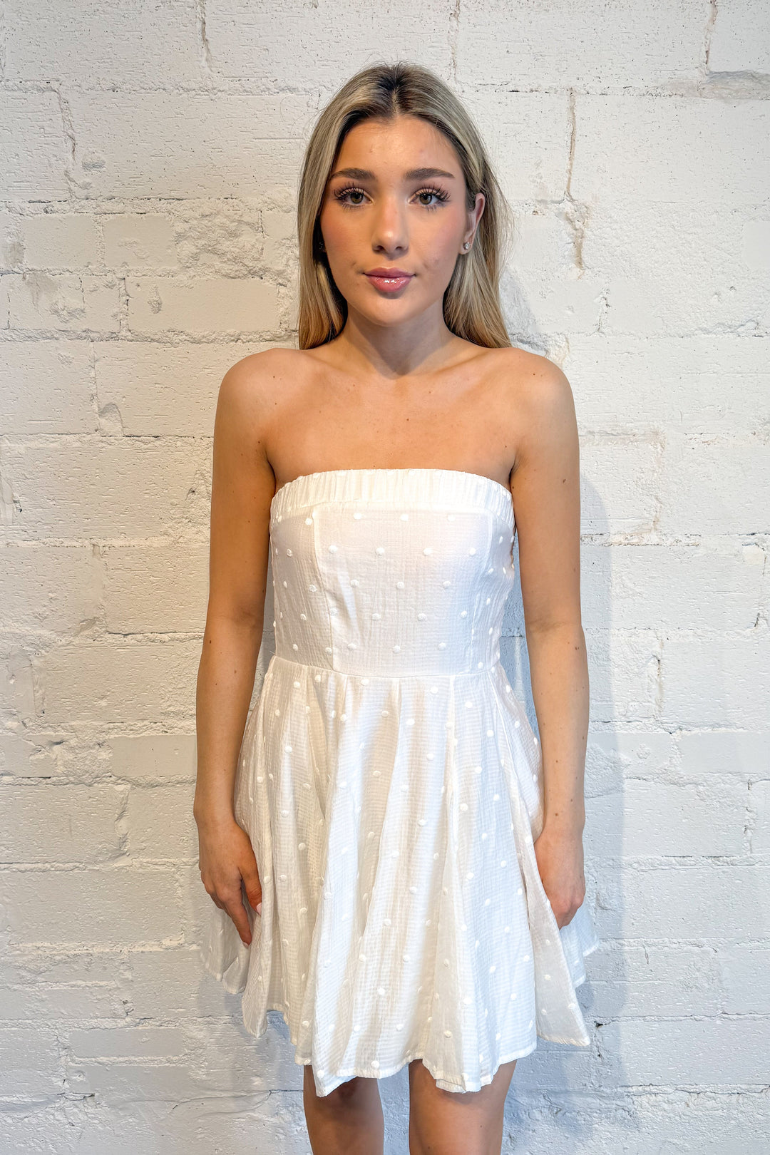 Delilah Dot Tube Mini Dress, White Dress, Strapless Tube Dress, Spring and Summer Dresses, Summer Styles, Vacation Styles, Adeline Boutique, Dallas Boutique