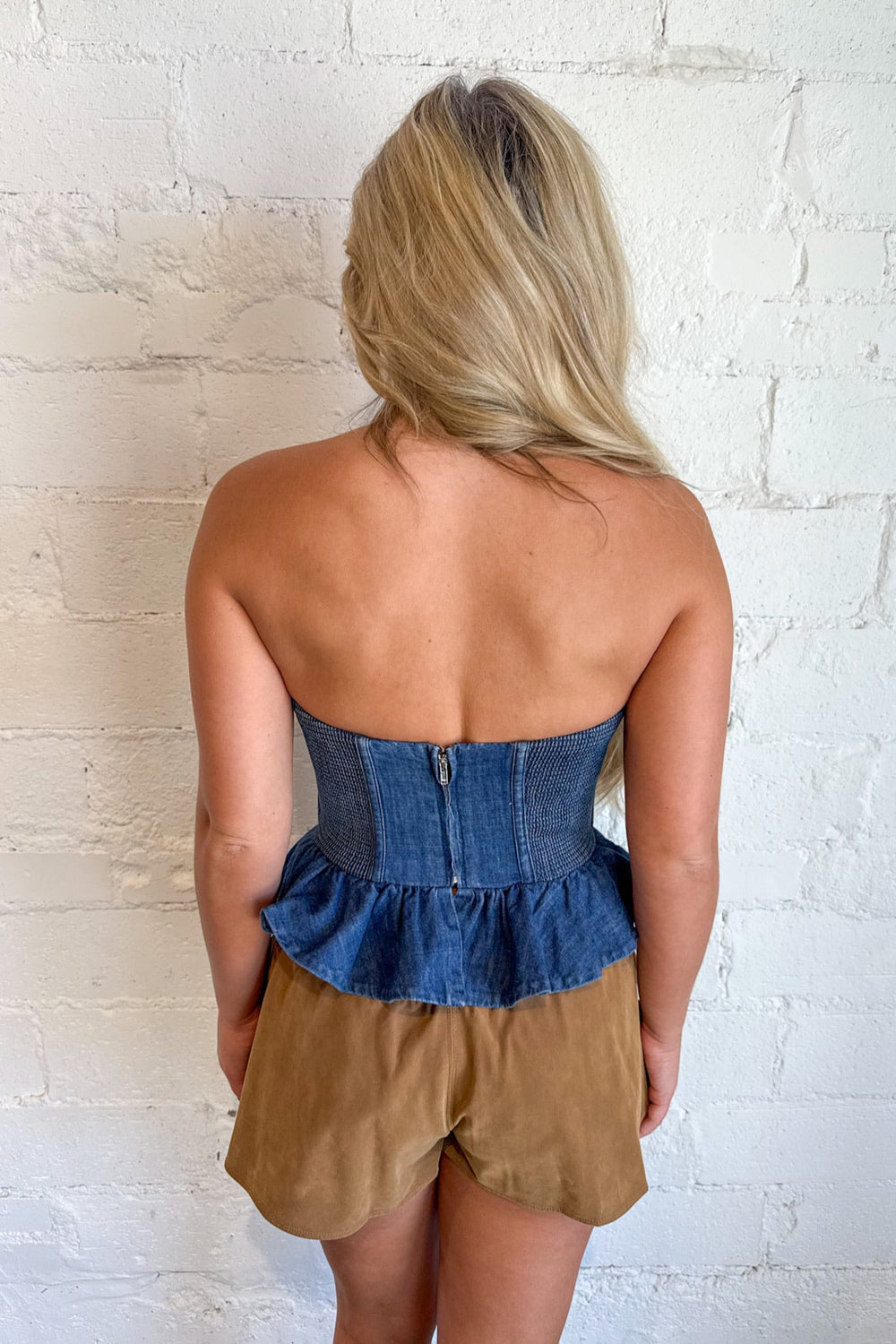 Denim Darling Strapless Top, Denim Top, Strapless Top, Adeline Boutique, Dallas Boutique, Denim, Game Day Styles, Rodeo Outfit, Country Concert Outfit