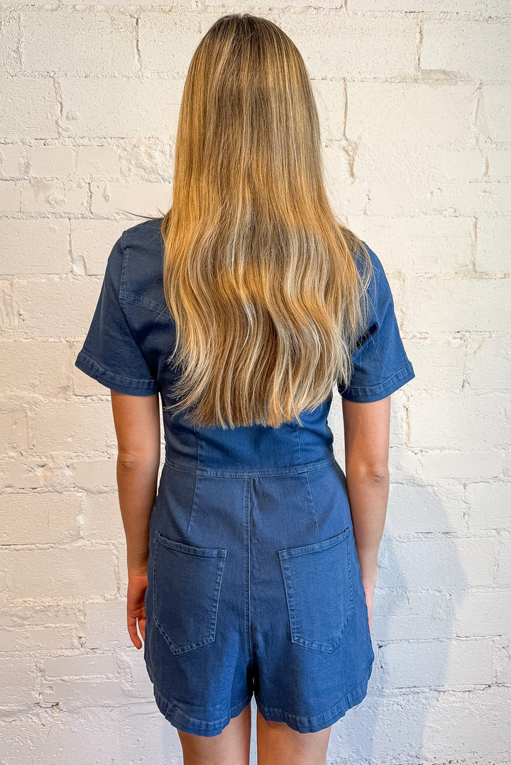 denim blue romper, denim romper, denim jumpsuit, denim short romper 