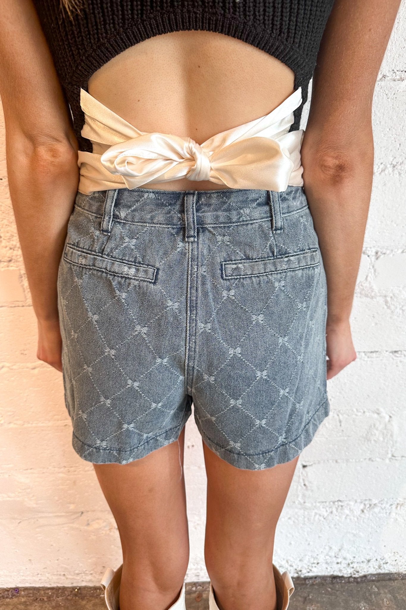 [RONRON] RIBBON PATTERN DENIM SHORT スカート★新作・24SS★ ☆2024SS新作☆RONRON☆RIBBON PATTERN DENIM SHORT SKIRT